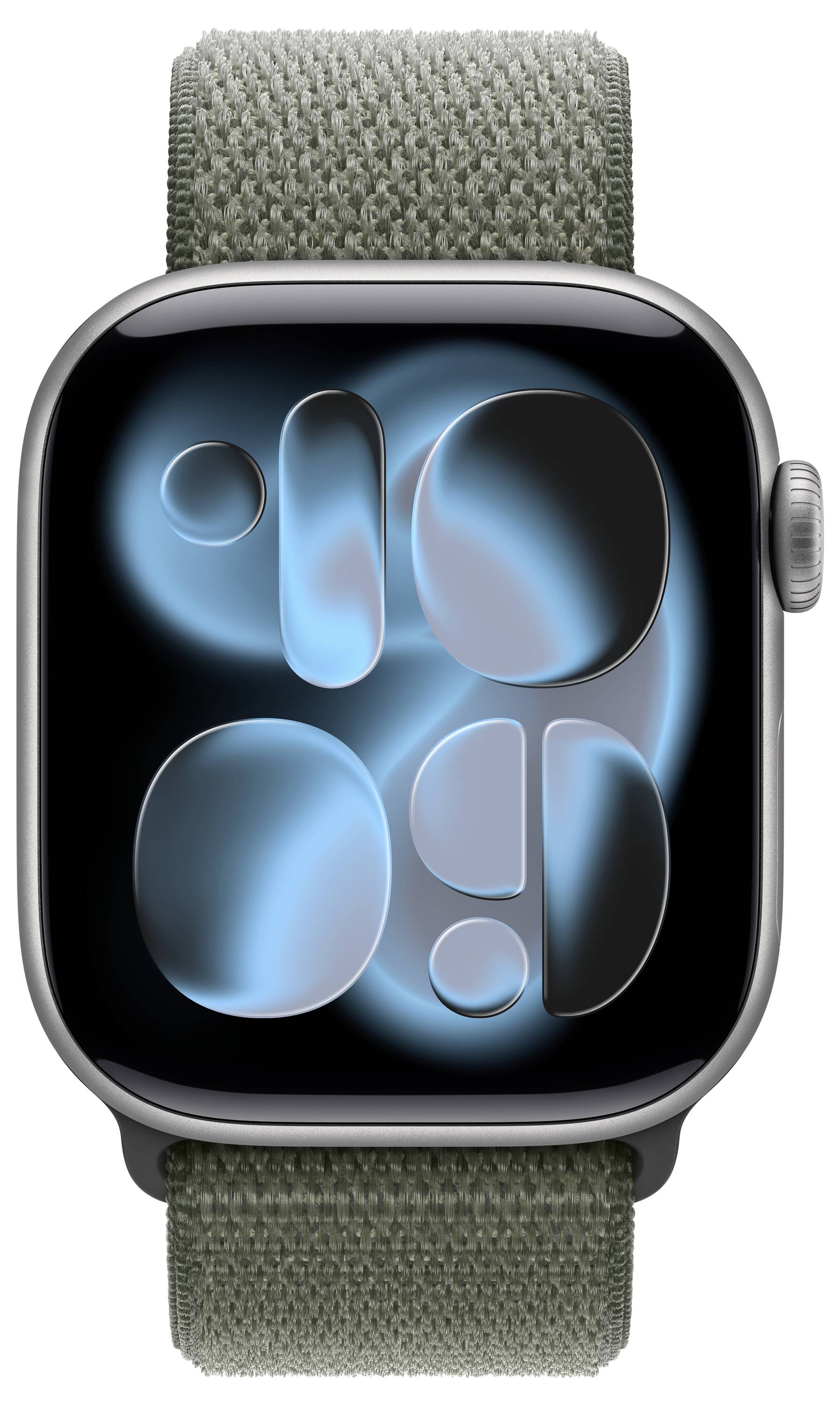 Eine Smartwatch mit einem grünen Stoffarmband zeigt ein abstraktes blaues und schwarzes Design auf ihrem Bildschirm.