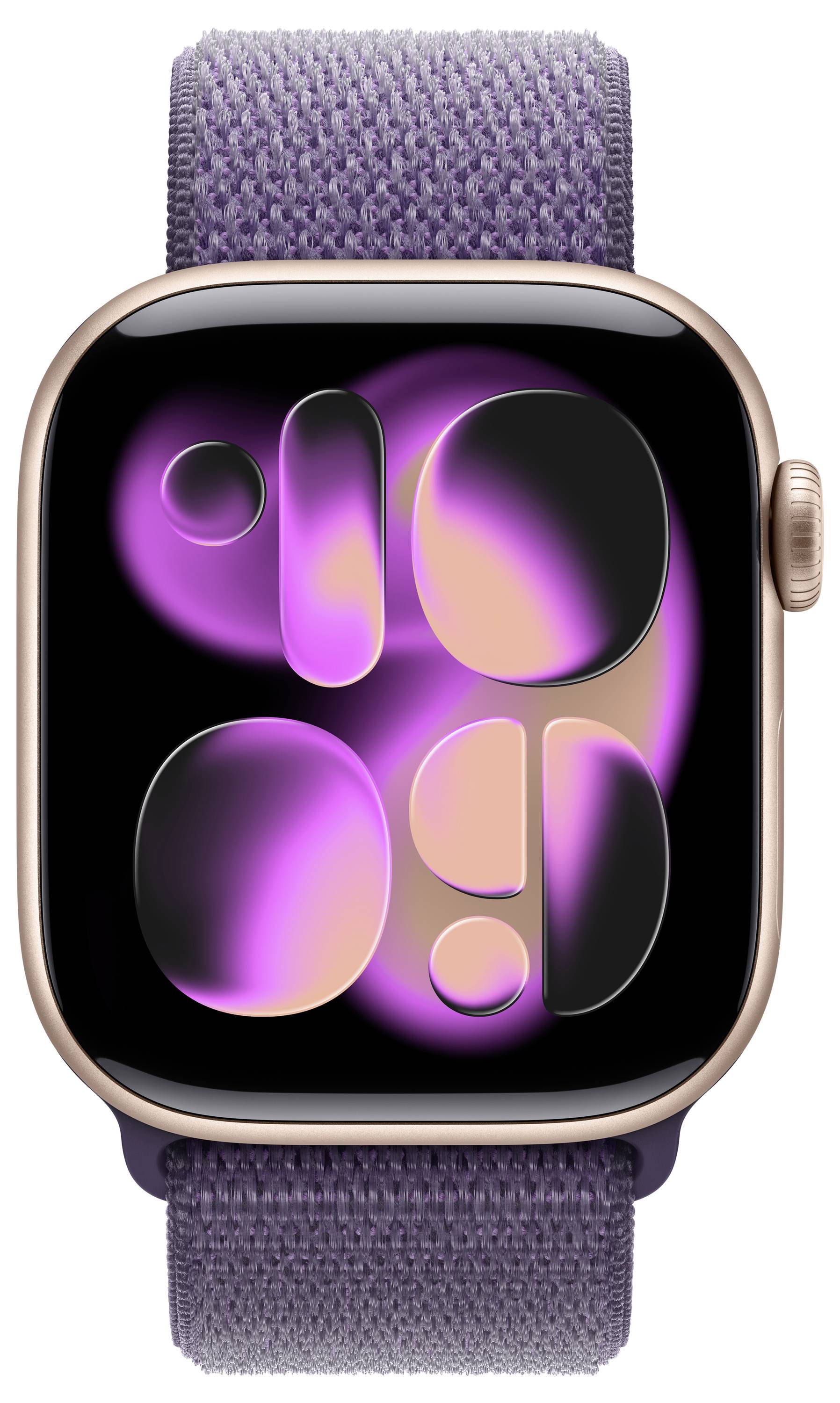 Eine Smartwatch mit einem lila Armband, die ein abstraktes, farbenfrohes Display mit rosa und schwarzen Formen auf ihrem Bildschirm zeigt.