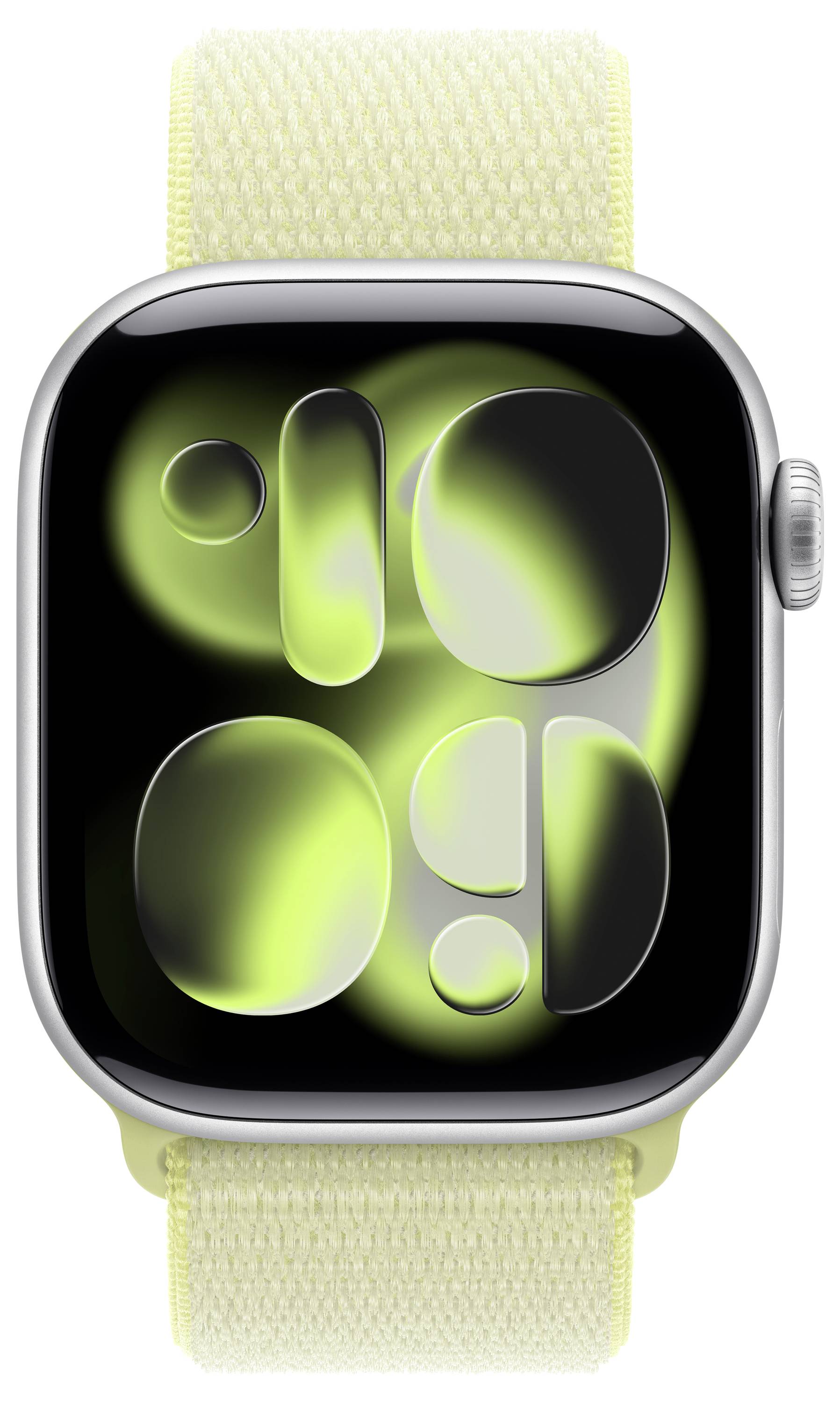 Eine Smartwatch mit einem neongrünen und schwarzen abstrakten Design auf dem Display. Die Uhr hat ein hellgelbes Armband.