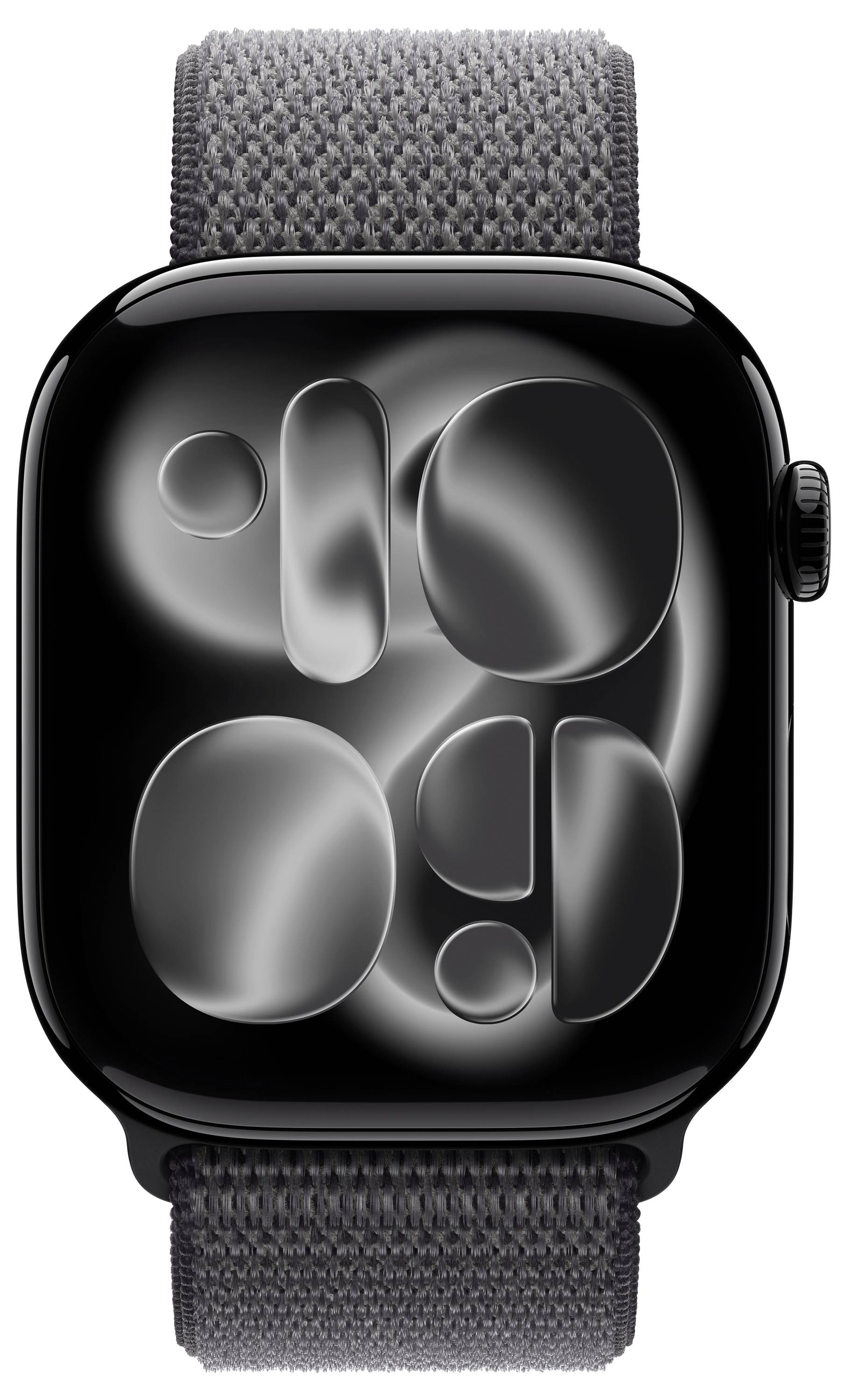 Eine Smartwatch mit einem dunklen, abstrakten Kunstdisplay, das weiche graue Formen zeigt. Das Gehäuse der Uhr ist schwarz und hat ein gewebtes graues Armband.