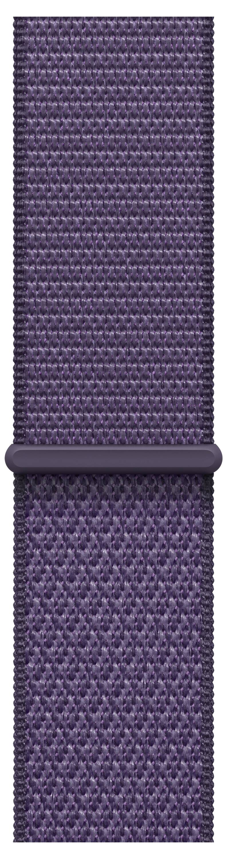 Ein lila, strukturiertes Uhrenarmband mit einer Schlaufe zur Verstellung.