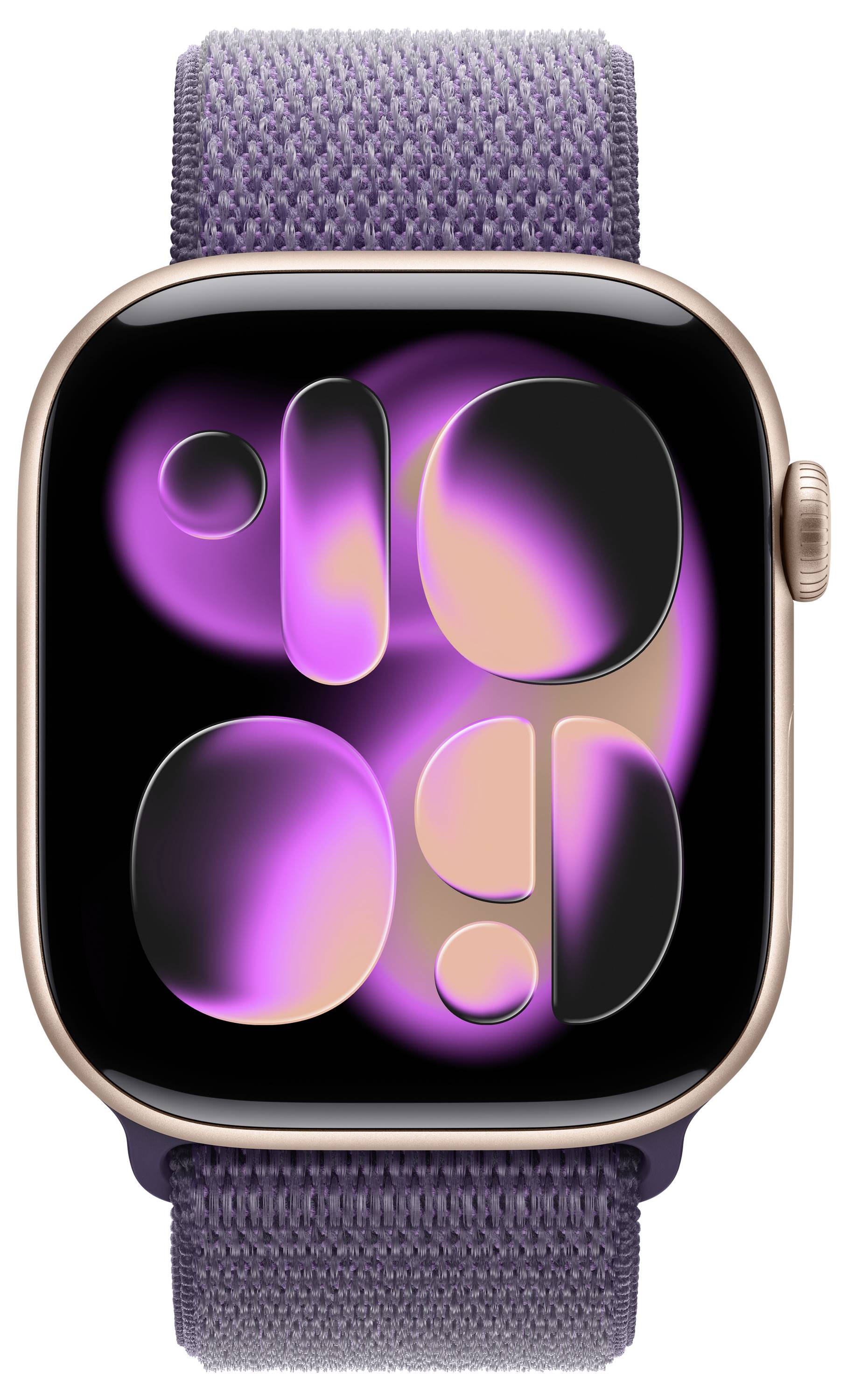 Eine Smartwatch mit einem rosa und schwarzen abstrakten Design auf dem Bildschirm, mit einem Roségold-Gehäuse und einem gewebten lila Armband.