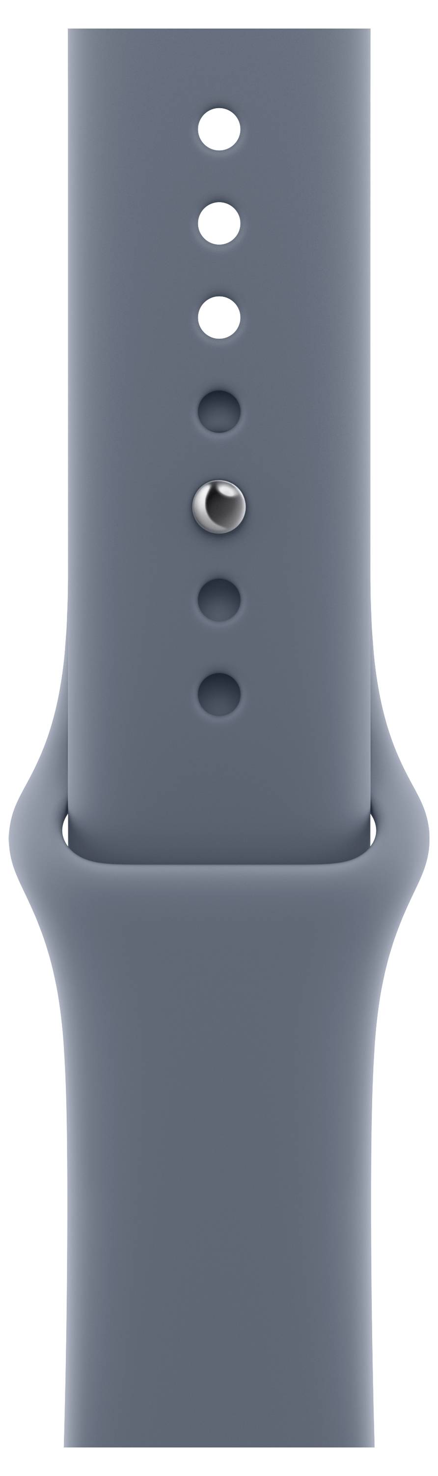 Eine Nahaufnahme eines grauen Smartwatch-Armbands mit verstellbaren Löchern und einem Metallstift zum Befestigen des Riemens.