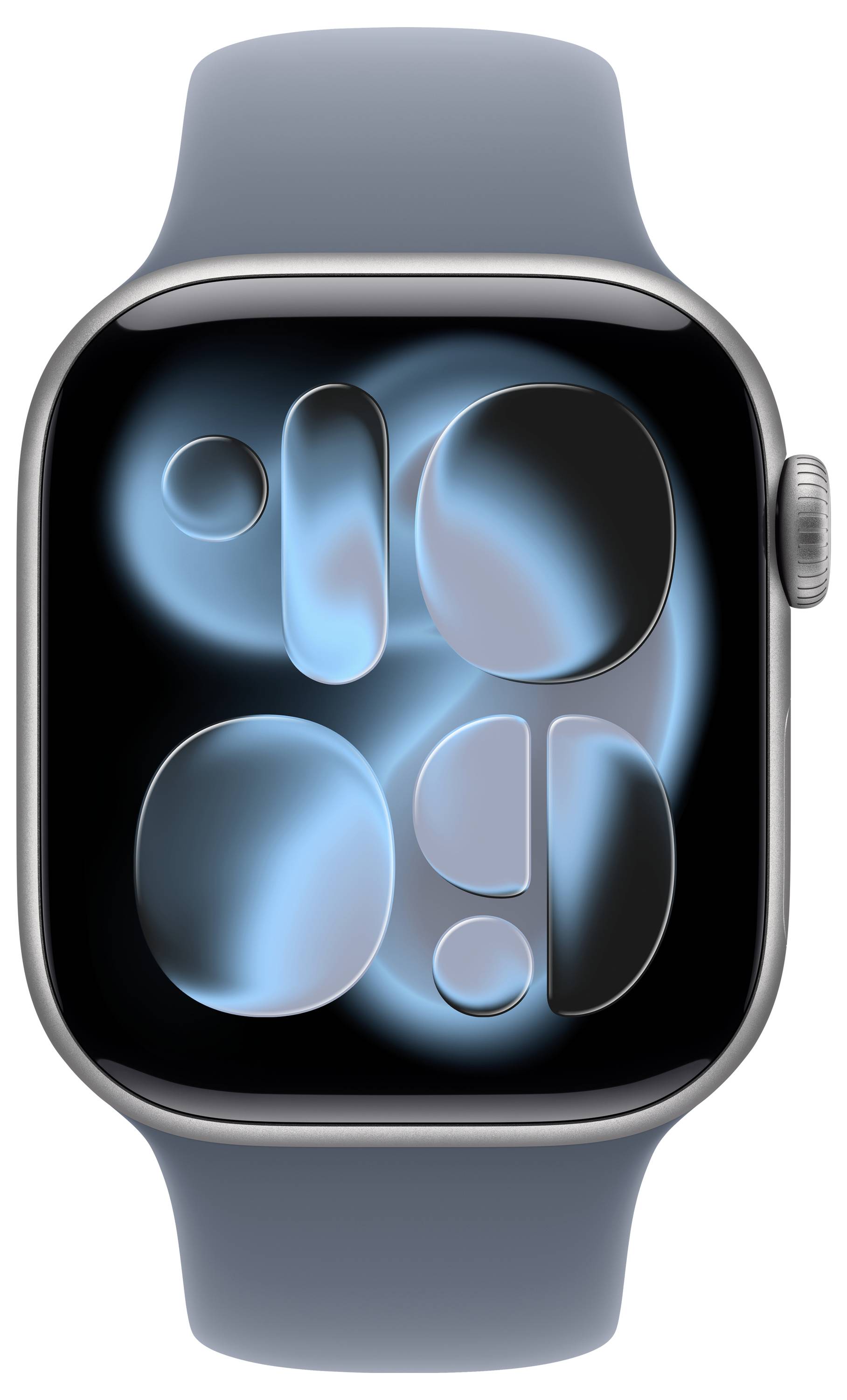 Eine Smartwatch mit einem blauen Armband und einem digitalen Display, das abstrakte blaue und schwarze Formen auf dem Bildschirm zeigt.