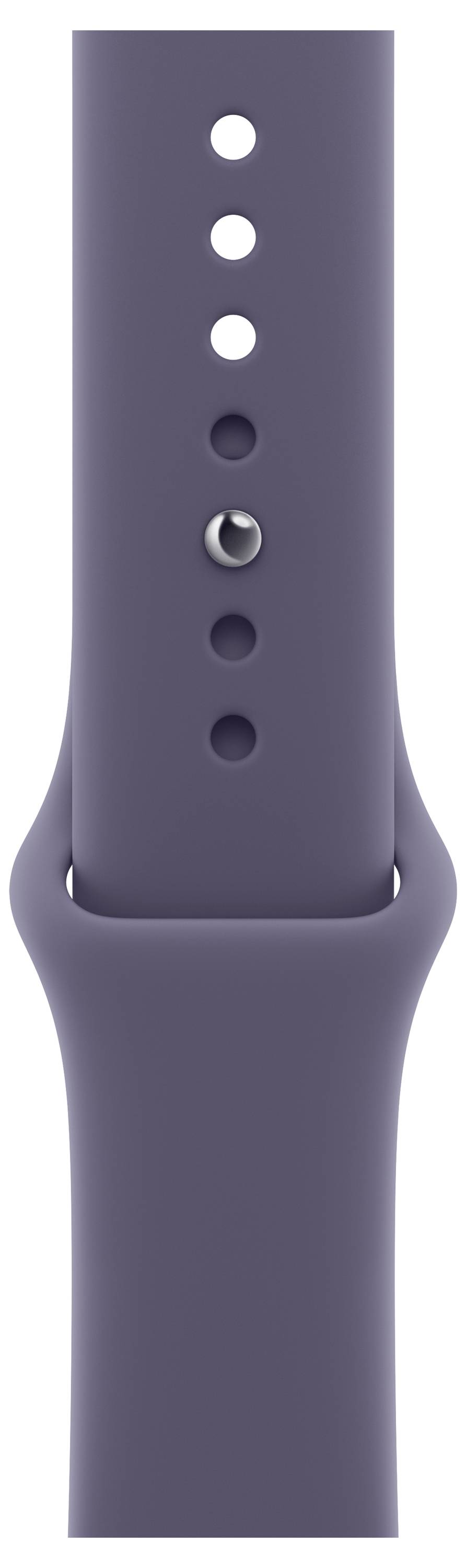 Eine Nahaufnahme eines lila Smartwatch-Armbands mit mehreren Einstellungslöchern und einem metallischen Verschluss.
