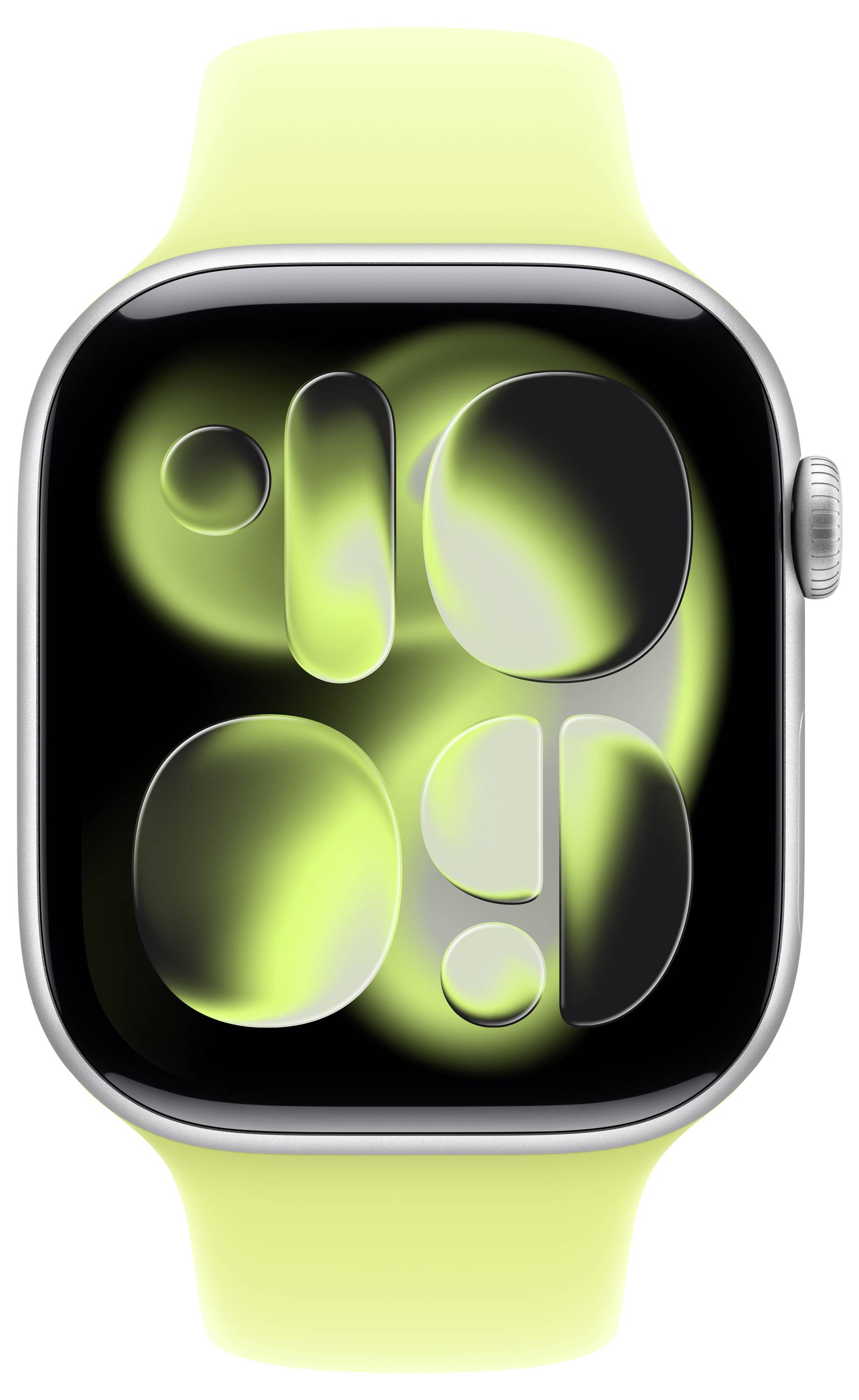 Eine digitale Uhr mit einem leuchtenden abstrakten Neon-Display in Grün- und Schwarztönen, ausgestattet mit einem Aluminiumgehäuse und einem gelben Armband.