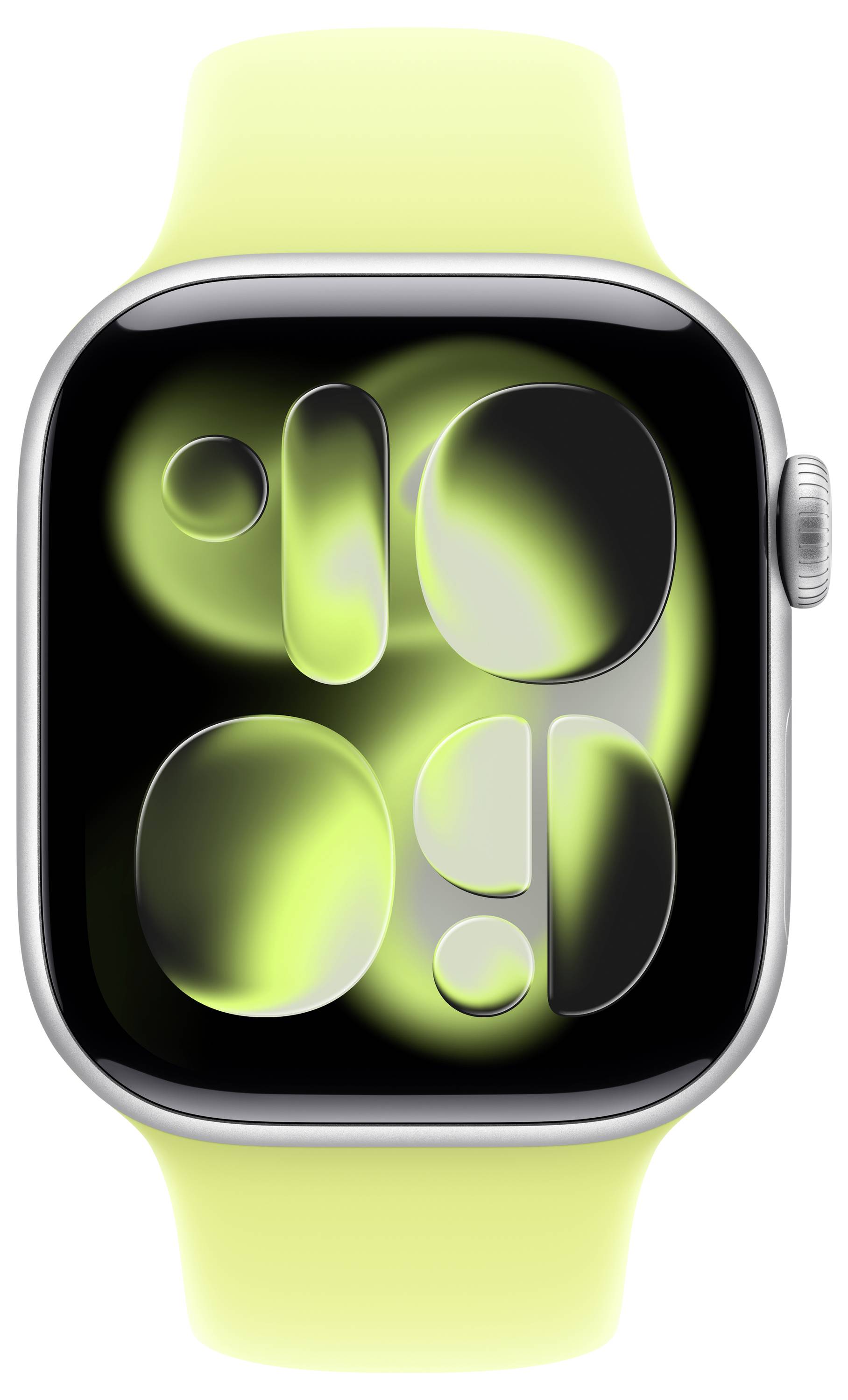 Eine Smartwatch mit einem rechteckigen Display, das ein abstraktes digitales Design in Grün und Schwarz zeigt, eingebettet in einen silbernen Metallrahmen und mit einem gelben Armband.