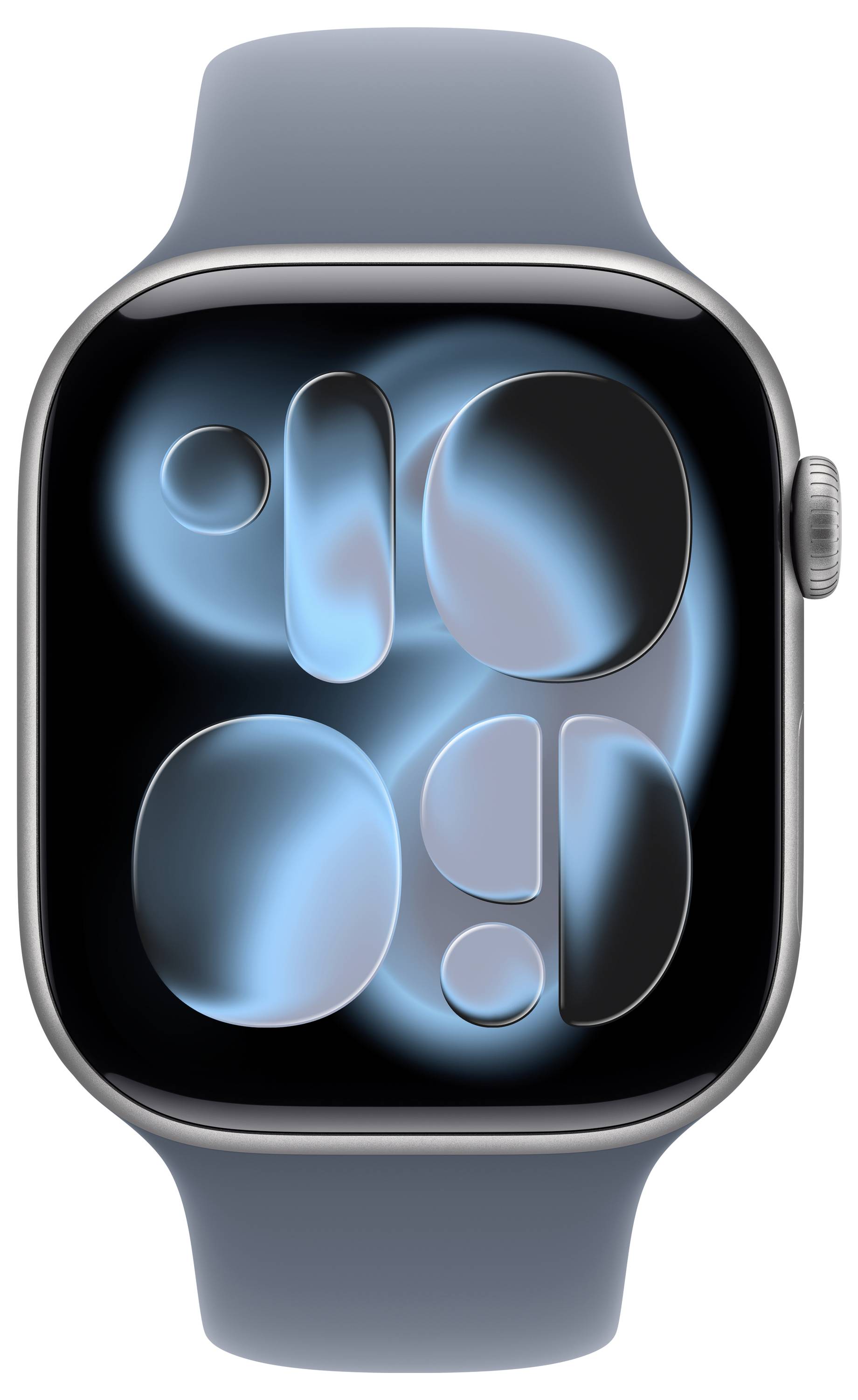 Eine Smartwatch mit einem blauen Armband zeigt ein stilisiertes digitales Display mit abstrakten blauen Formen auf schwarzem Hintergrund.