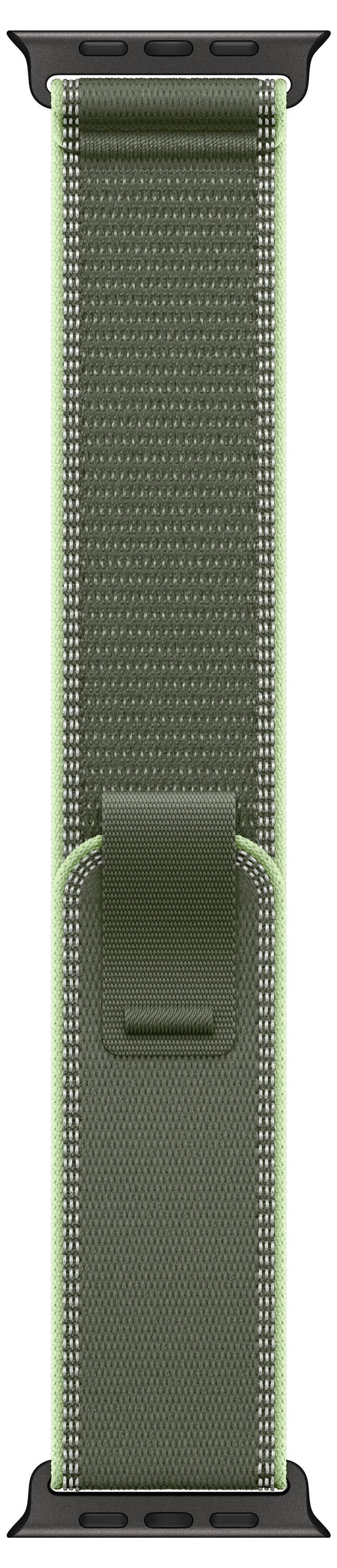 Ein dunkelgrünes gewebtes Gurtband mit Klettverschluss, versehen mit hellgrünen Akzenten und schwarzen Verbindern an beiden Enden.