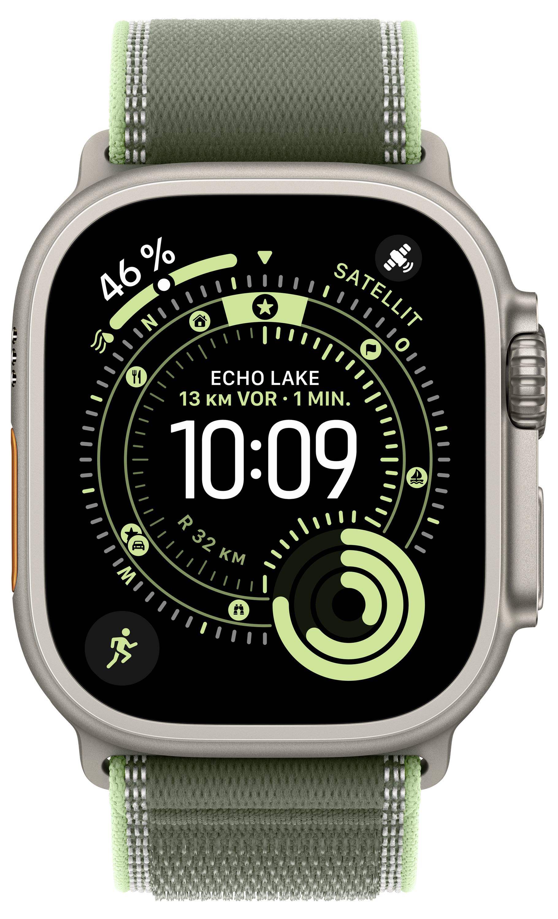 Smartwatch zeigt '10:09', Trainings- und GPS-Tracking, Akku bei 46%, grün-schwarze Benutzeroberfläche, an grünem Armband.