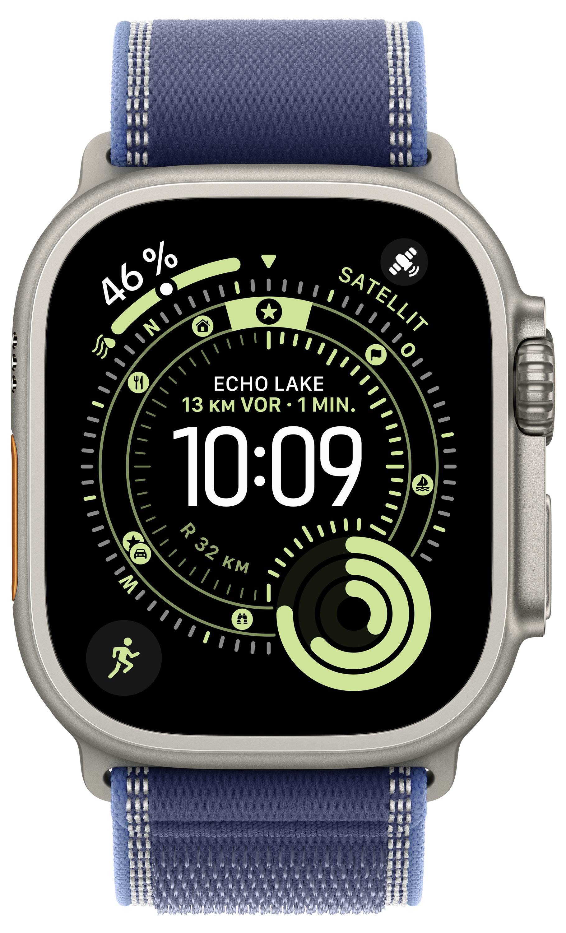 Eine Smartwatch zeigt eine digitale Uhr mit der Anzeige '10:09' und eine Fitness-Benutzeroberfläche mit Aktivitätsstatistiken und Verbindungsstatus bei 46% Batterieladung.