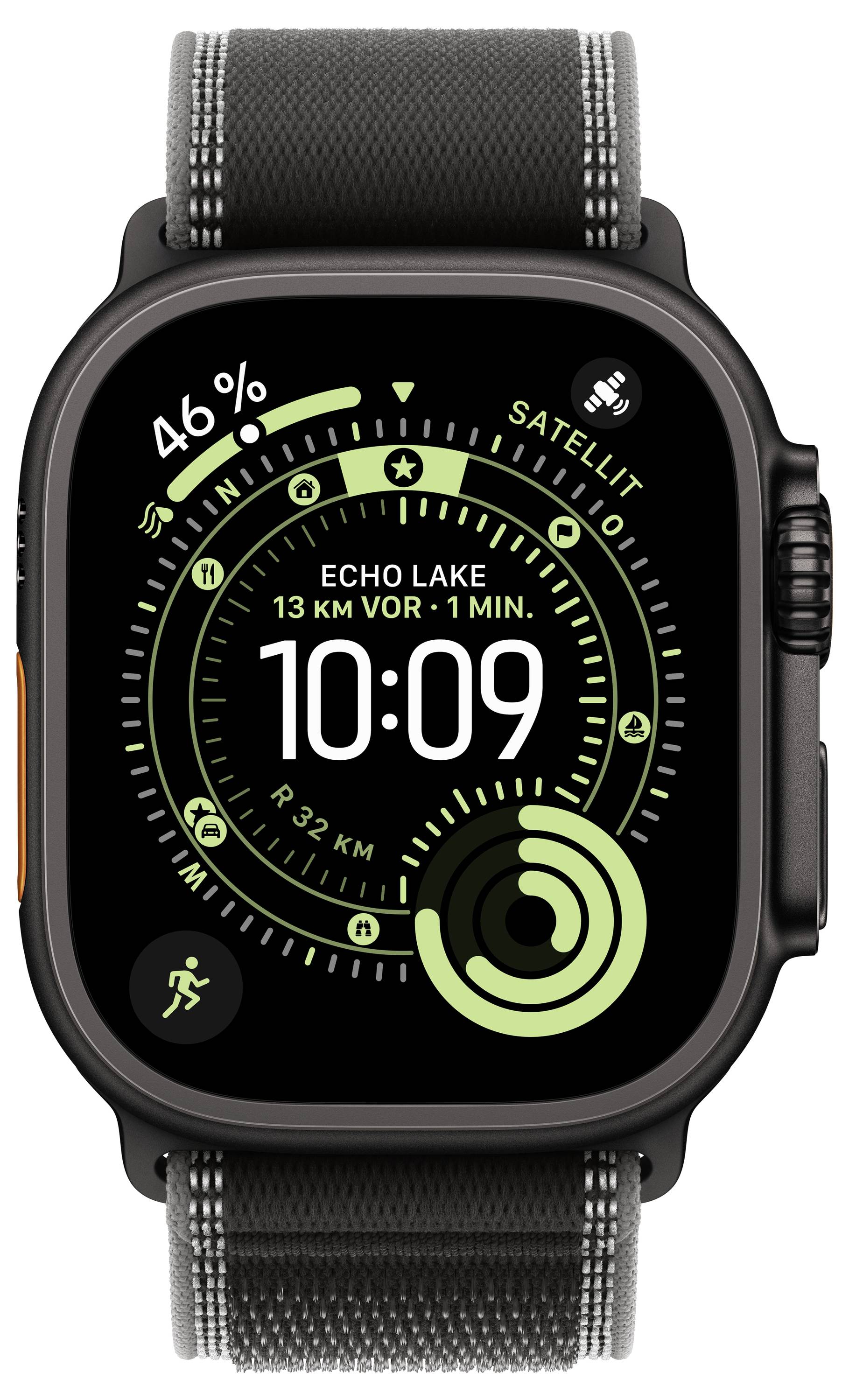Smartwatch-Anzeige zeigt 10:09 Uhr mit Fitness-Daten wie Schritten und verbrannten Kalorien. Zeigt GPS-Status und Batteriestand von 46%.