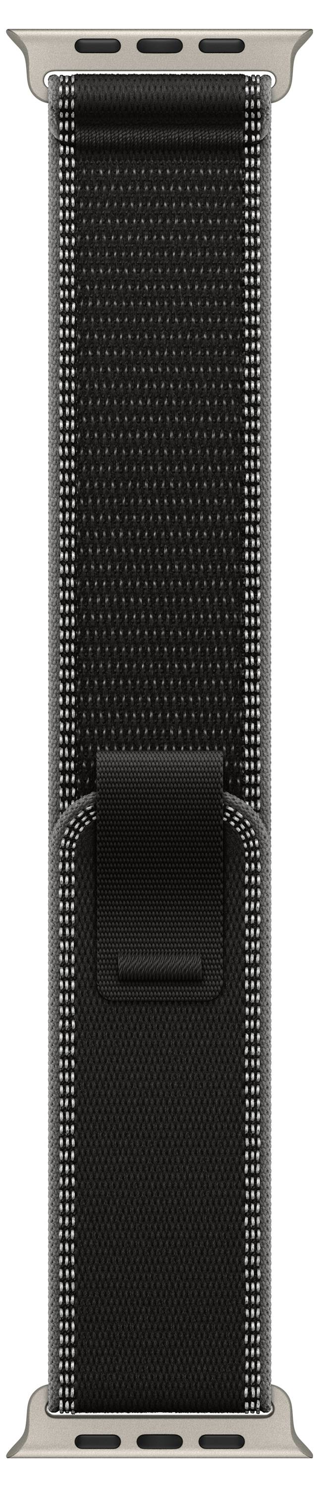 Ein schwarzes und graues gewebtes Apple Watch Armband mit metallischen Verbindern, ausgestattet mit einer einzelnen Schlaufe und detaillierten Nähten an den Kanten.