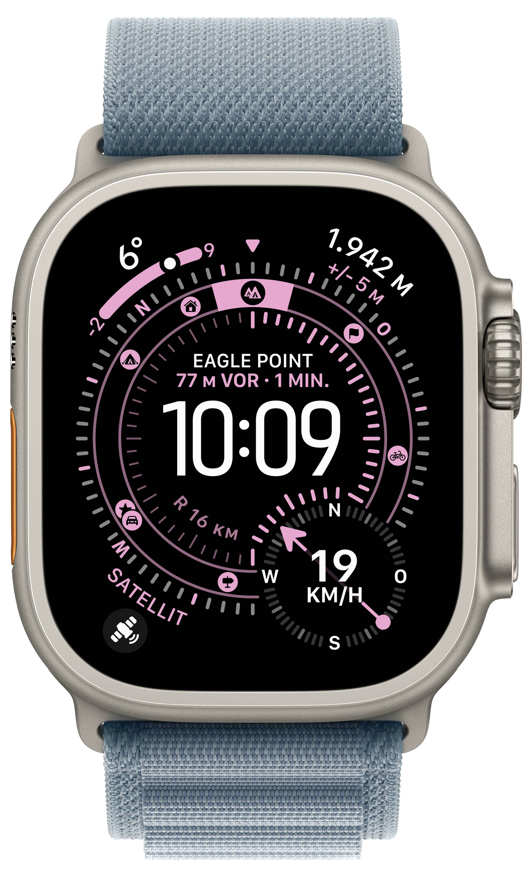 Eine Smartwatch zeigt die Zeit '10:09', den Standort 'Eagle Point', die Distanz '1.942 km' und die Geschwindigkeit '19 km/h' auf einem rosa farbenen Zifferblatt an.