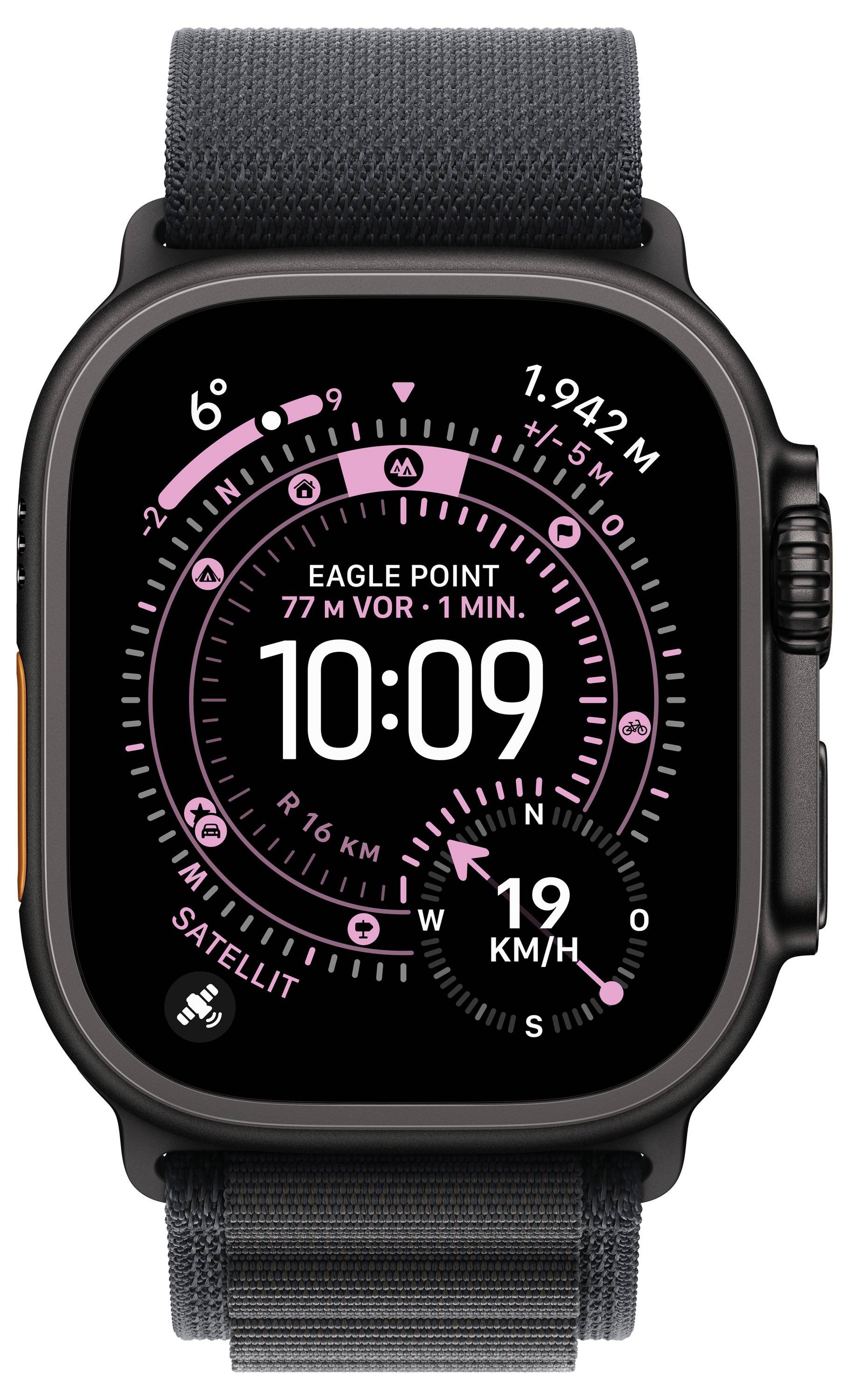 Ein Smartwatch-Display zeigt die Zeit '10:09', Höhe '1.942 m', Distanz '17 km' und Geschwindigkeit '19 km/h'. Kompass und Standortinformationen.