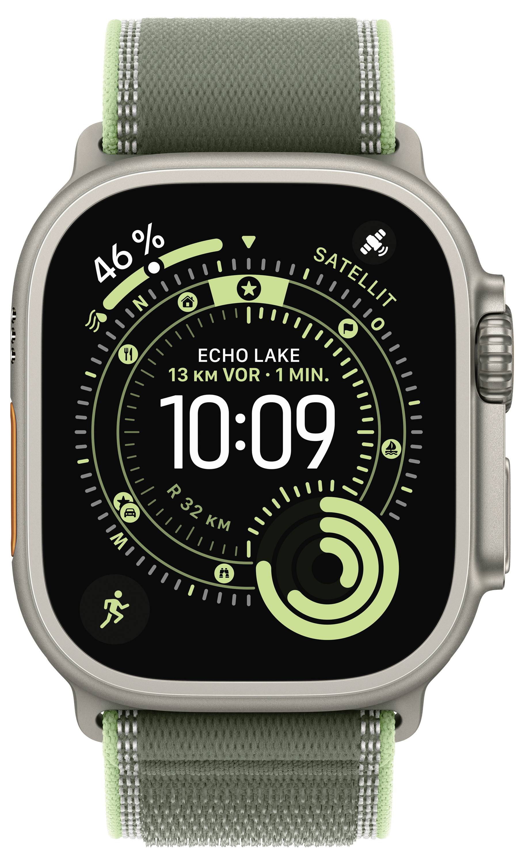 Eine Smartwatch-Anzeige zeigt die Zeit als 10:09, die verbleibende Leistung bei 46% und eine kreisförmige grafische Überlagerung, die die Entfernung zum "Echo Lake" mit 13 km angibt.