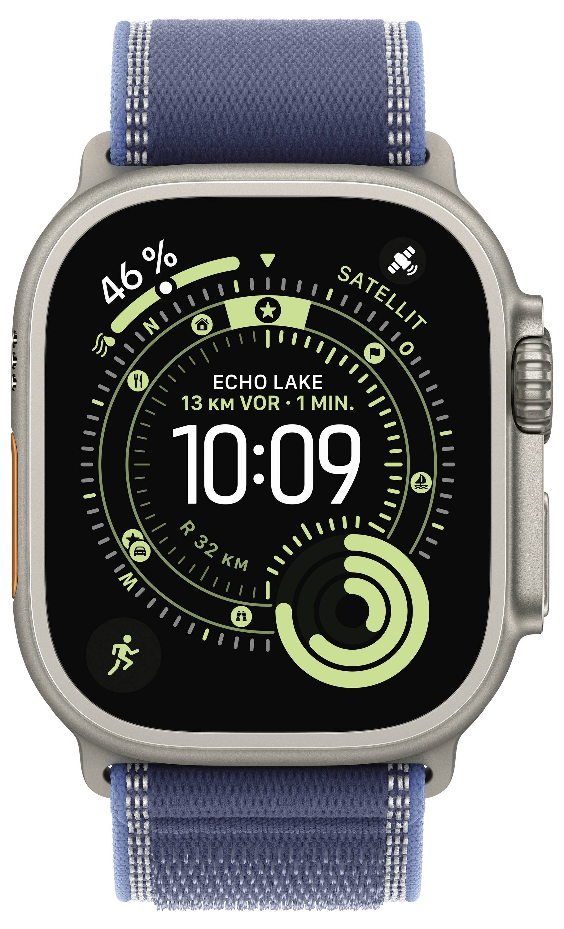 Smartwatch mit einer Fitness-Karten-App, die eine große zentrale Uhrzeit von '10:09' zeigt, 46% Akkuladung, kreisförmige Navigationsdetails und ein blaues Armband.