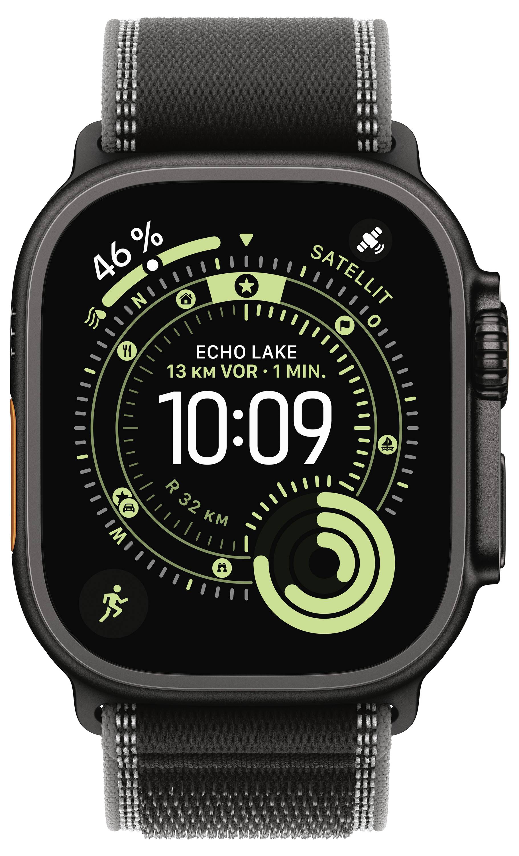 Smartwatch-Anzeige zeigt 'Echo Lake 13 km vor 1 min', Akku 46%, Uhrzeit '10:09', mit Satelliten- und Lauficon für Fitness-Tracking.