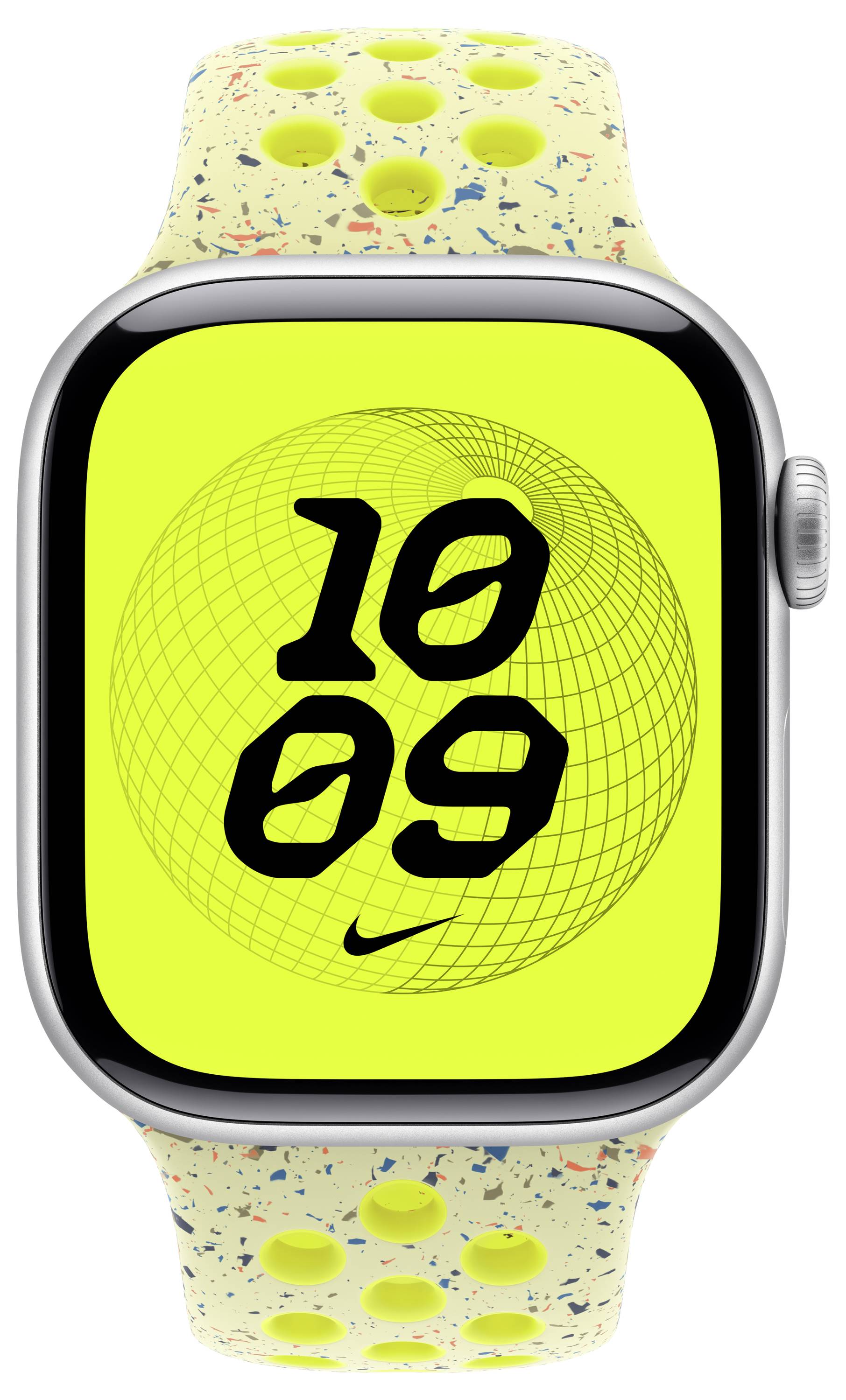 Eine Smartwatch mit einem limettenfarbenen Zifferblatt, das die Uhrzeit '10:09' in fetten schwarzen Zahlen anzeigt und ein strukturiertes gelbes Armband mit bunten Pünktchen aufweist.