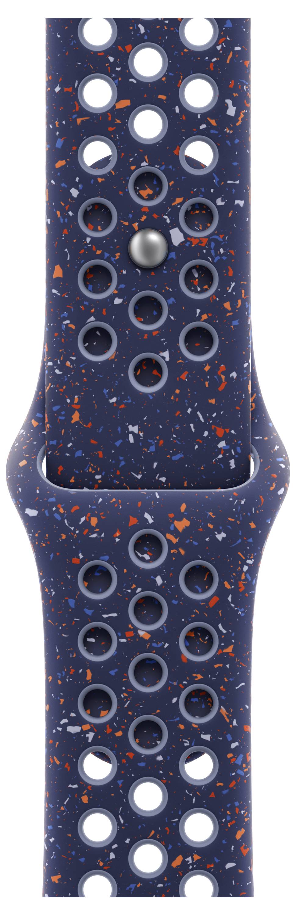 Eine marineblau und orange gesprenkelte Uhrenarmband mit mehreren kreisförmigen Löchern, für einen sportlichen Look konzipiert, mit einer Metallnadel zur Befestigung.