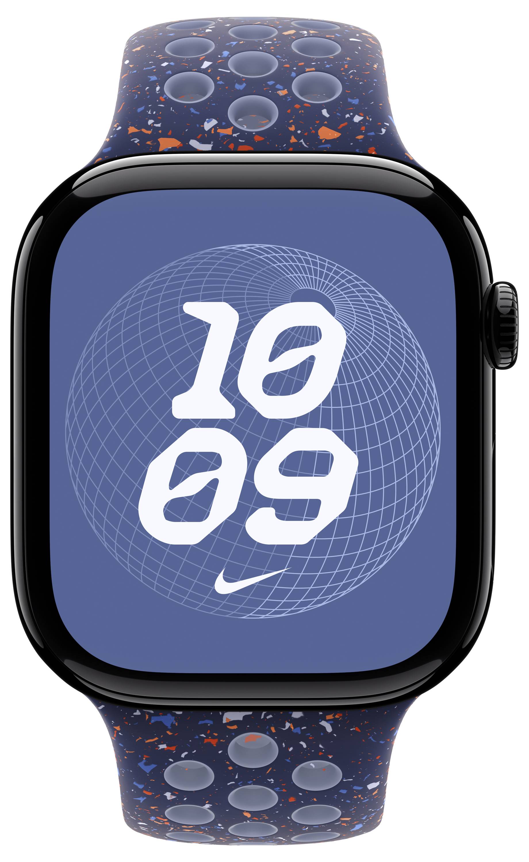 Eine Smartwatch, die die Zeit '10:09' auf einem blauen Zifferblatt mit geometrischem Design anzeigt, befestigt an einem gesprenkelten Band mit kreisförmigen Perforationen.