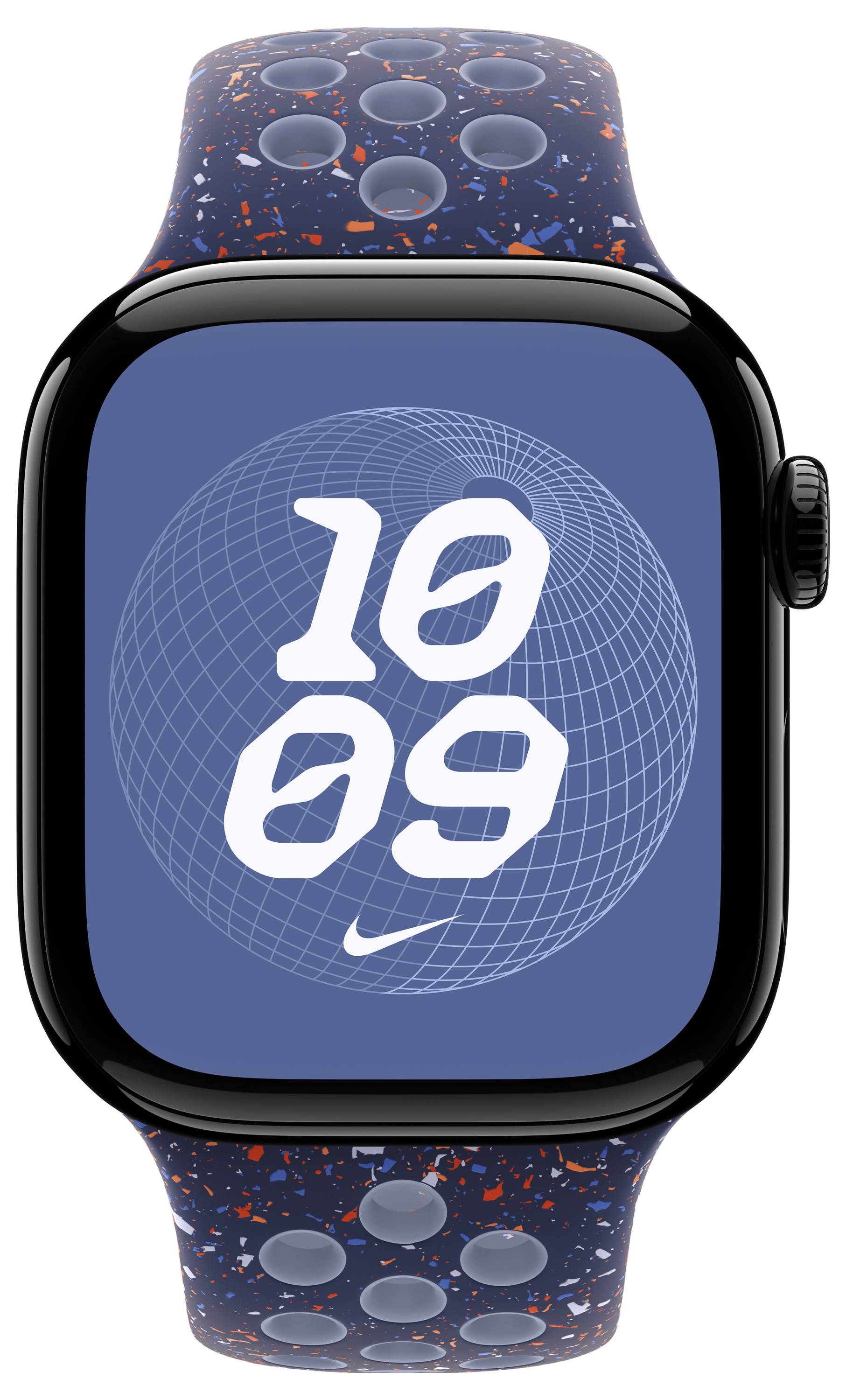 Eine Smartwatch, die die Uhrzeit '10:09' auf einem blauen Hintergrund mit geometrischem Muster anzeigt. Das dunkelblaue Armband hat orangefarbene Sprenkel.