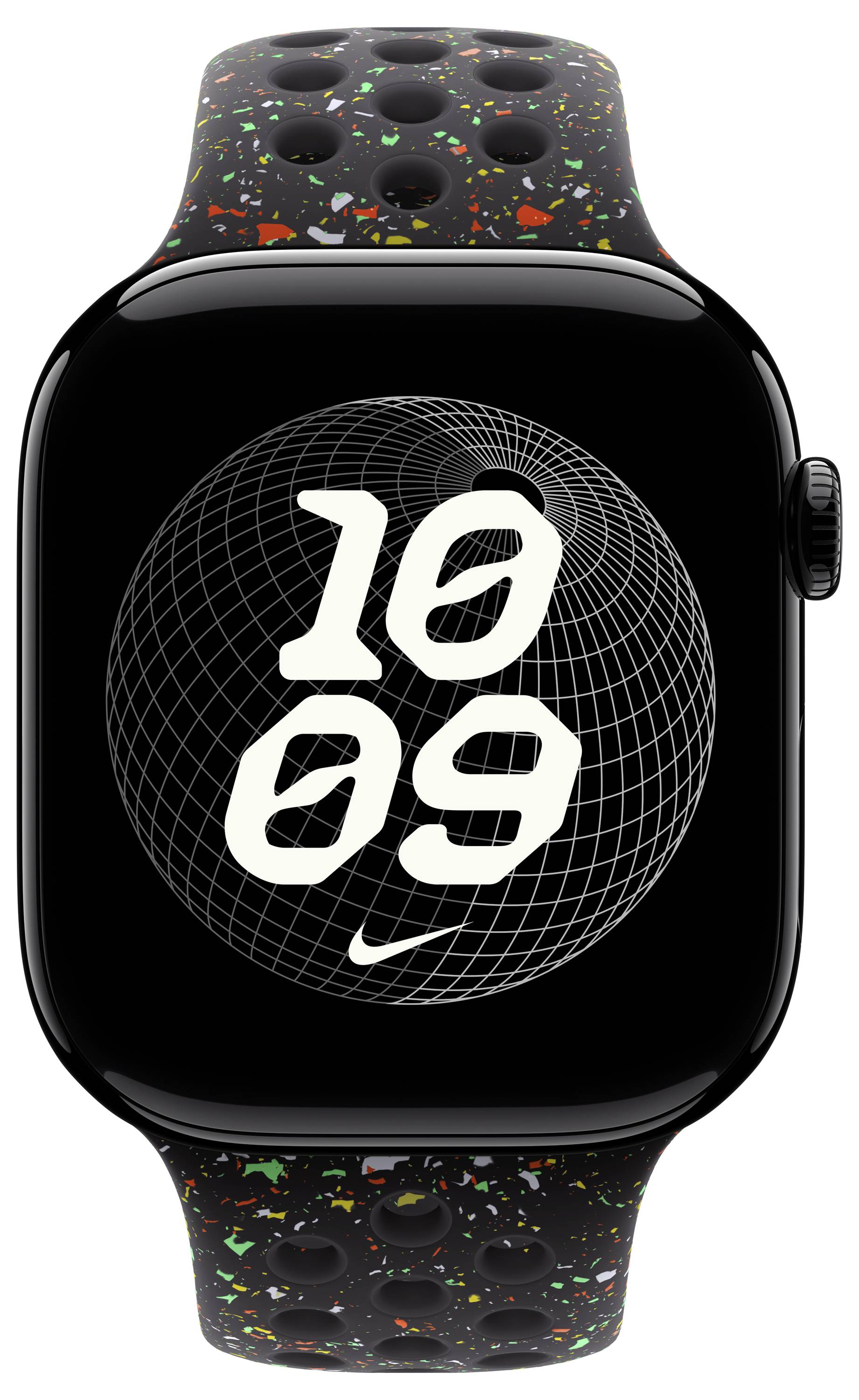 Eine Smartwatch mit einem schwarzen Sportarmband mit bunten Pünktchen, auf deren Bildschirm die Uhrzeit '10:09' mit einem geometrischen Design angezeigt wird.