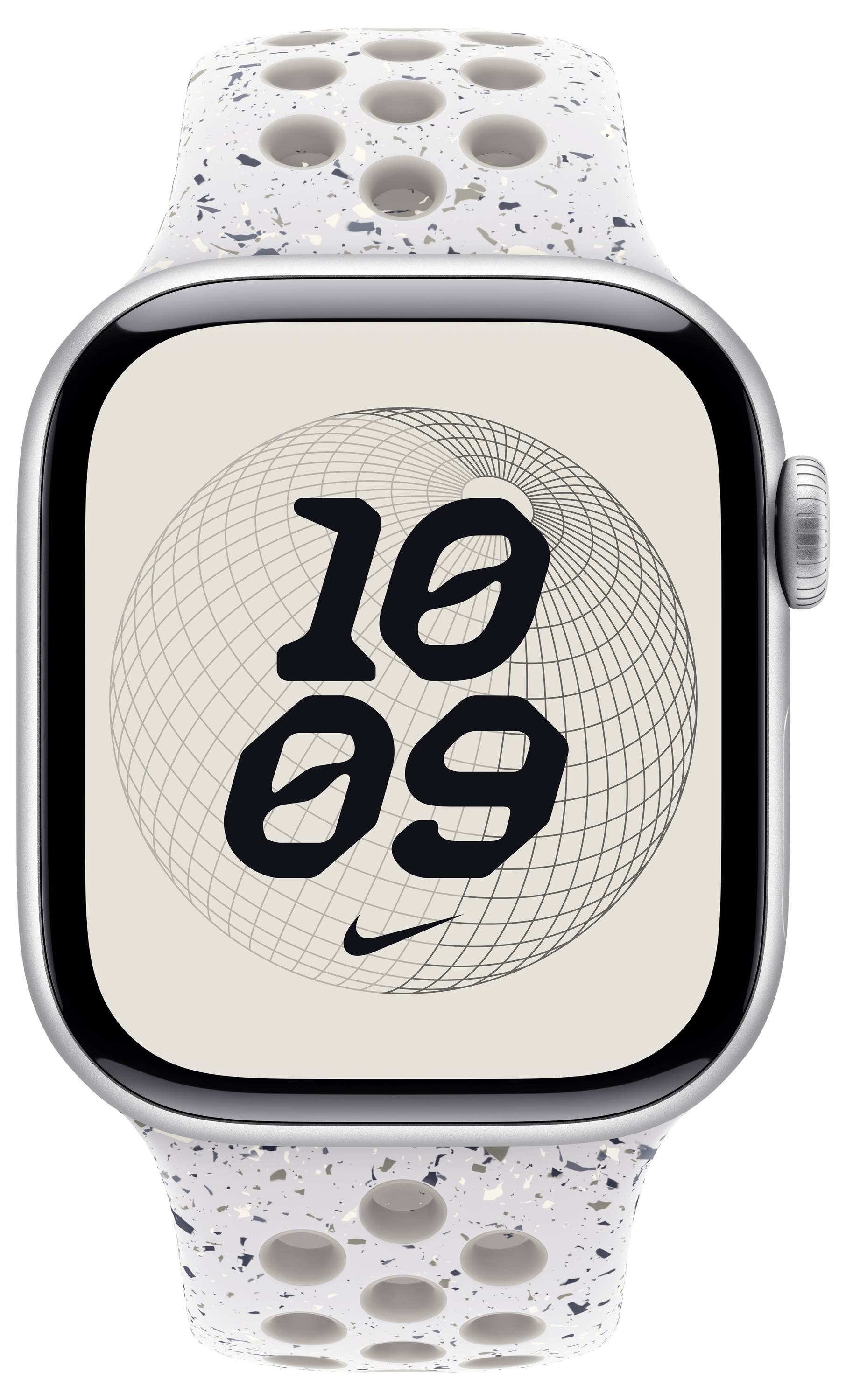 Apple Watch mit silbernem Gehäuse und weiß gesprenkeltem Band zeigt die Zeit '10:09' auf einem geometrisch gemusterten Bildschirm.