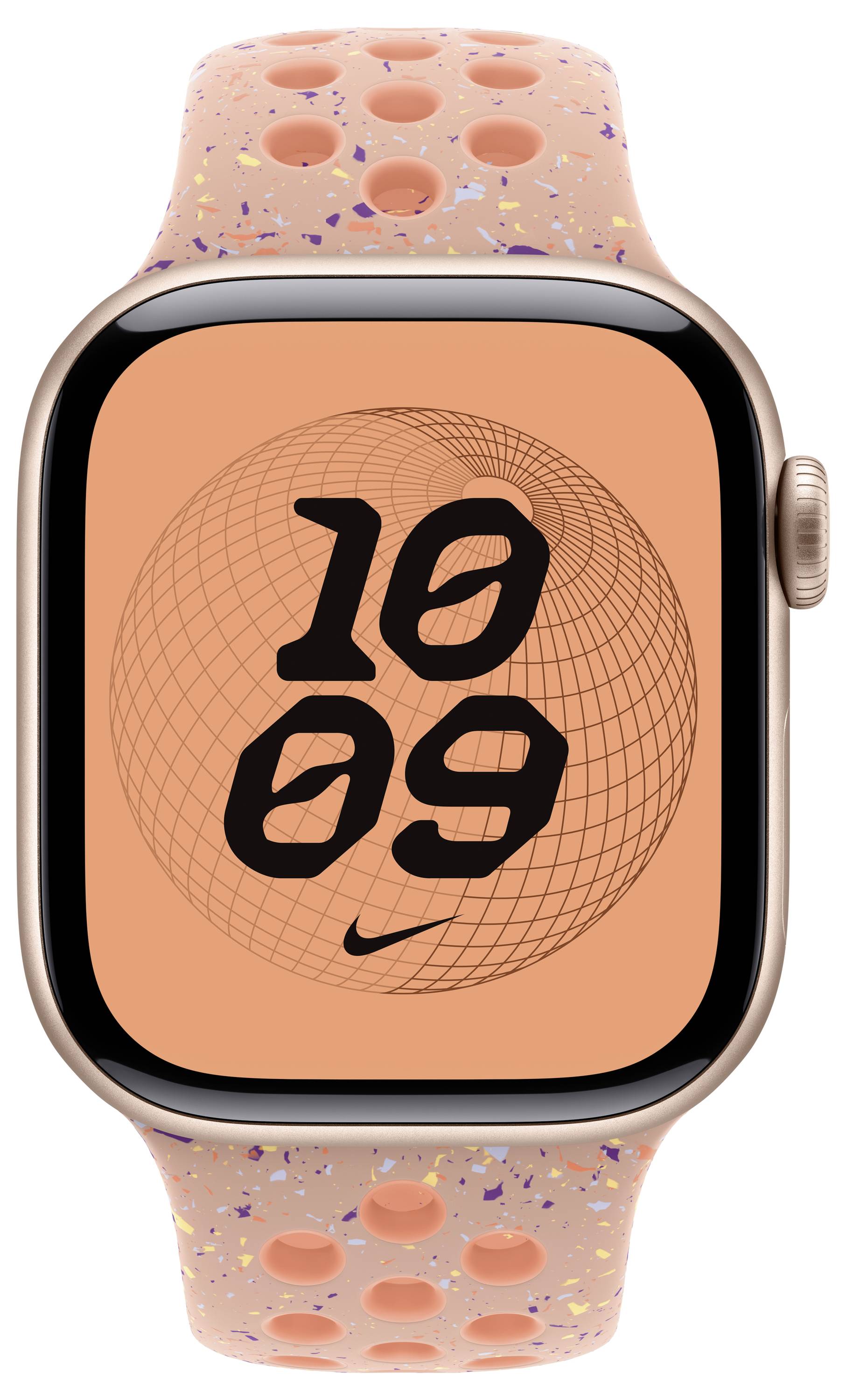 Eine Smartwatch mit einem pfirsichfarbenen Armband und Gehäuse zeigt die Uhrzeit '10:09' in fetten schwarzen Ziffern vor einem geometrischen Musterhintergrund.