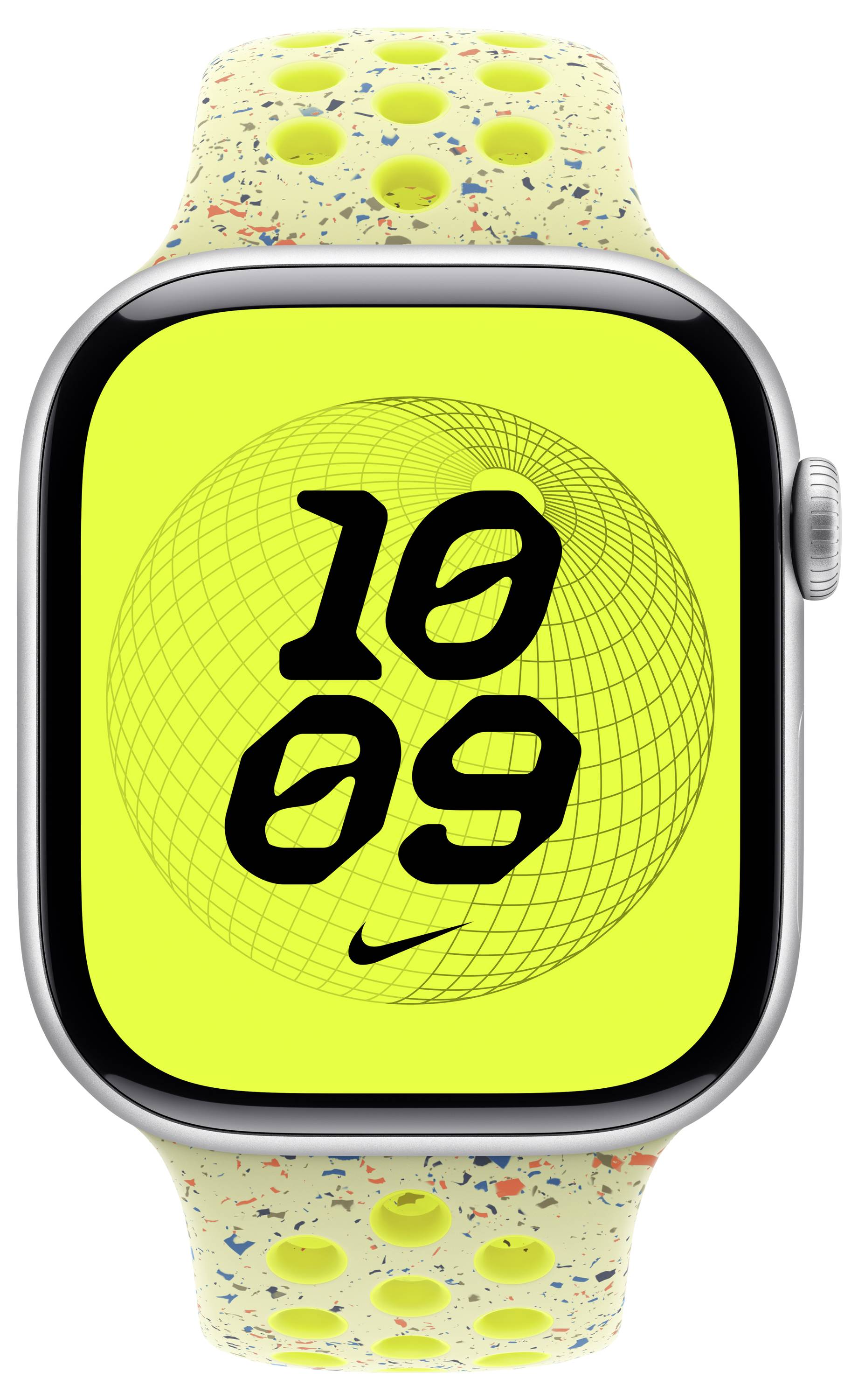 Eine Smartwatch mit einem leuchtend gelben Display, auf dem die Uhrzeit '10:09' angezeigt wird, und einem strukturierten, mehrfarbigen Armband mit kreisförmigen Durchbrechungen.