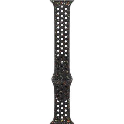 Ein schwarzes Uhrenarmband mit bunten Sprenkeln, versehen mit einer perforierten Struktur für Atmungsaktivität, geeignet für Sport und lässige Anlässe.