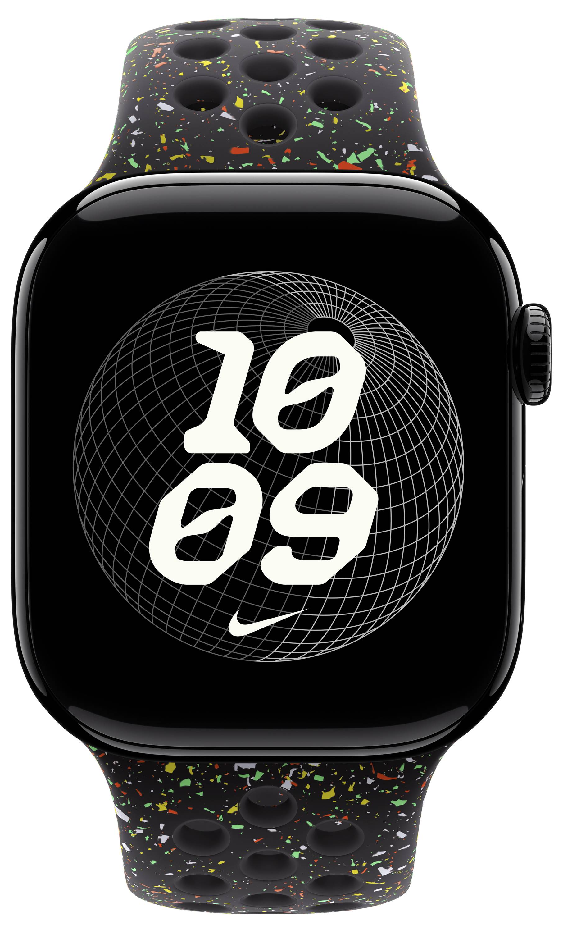 Eine Smartwatch mit einem schwarzen Bildschirm zeigt '10:09' über einem geometrischen Globusmuster. Das Armband ist schwarz mit bunten Pünktchen.
