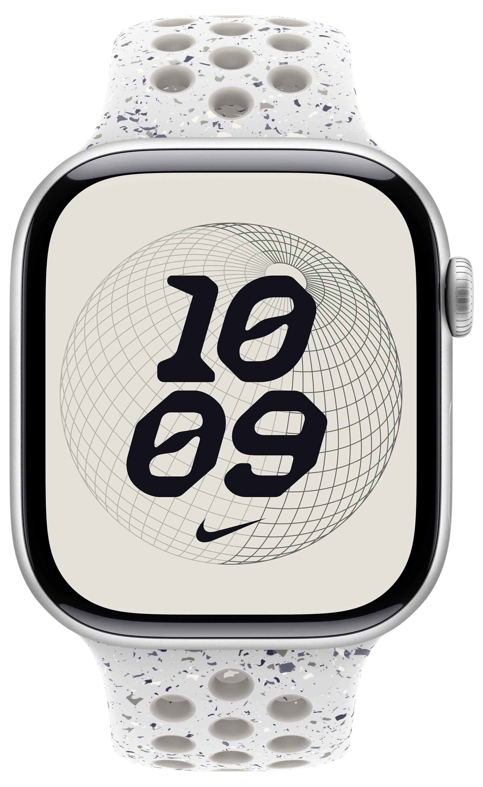 Eine Smartwatch mit einem weißen, perforierten Band zeigt die Uhrzeit '10:09' in fetten schwarzen Zahlen auf einem Bildschirm mit geometrischem Kugeldesign.