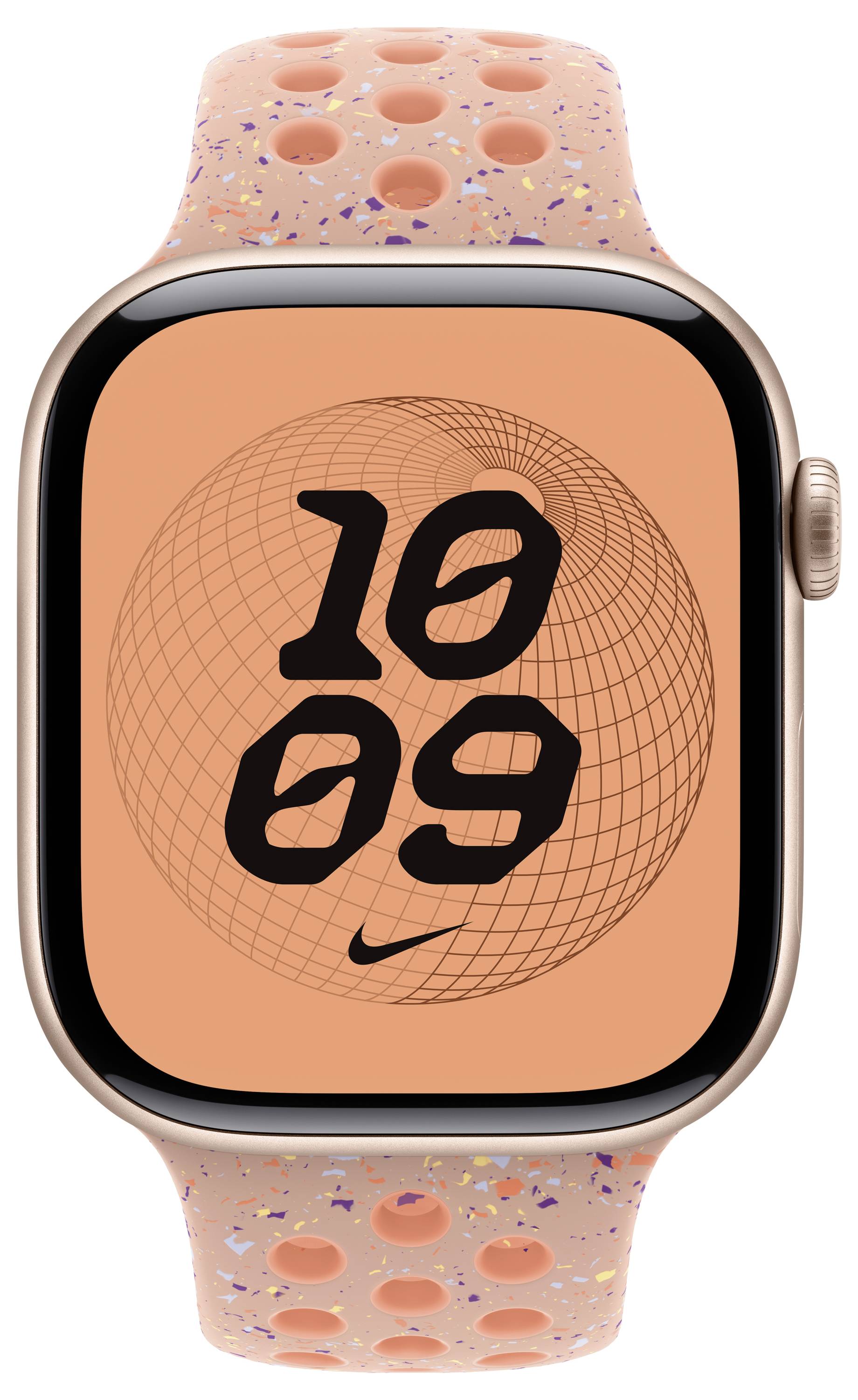 Smartwatch mit orangefarbenem Display, das die Uhrzeit '10:09' anzeigt, und einem strukturierten Design, ausgestattet mit einem gelochten orangefarbenen Armband mit bunten Sprenkeln.