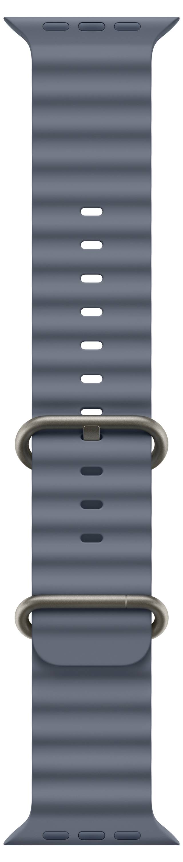 Eine blaue Smartwatch-Armband mit einem verstellbaren Riemen, der mehrere Löcher und zwei Metallschlaufen aufweist, entwickelt für eine sichere Befestigung.