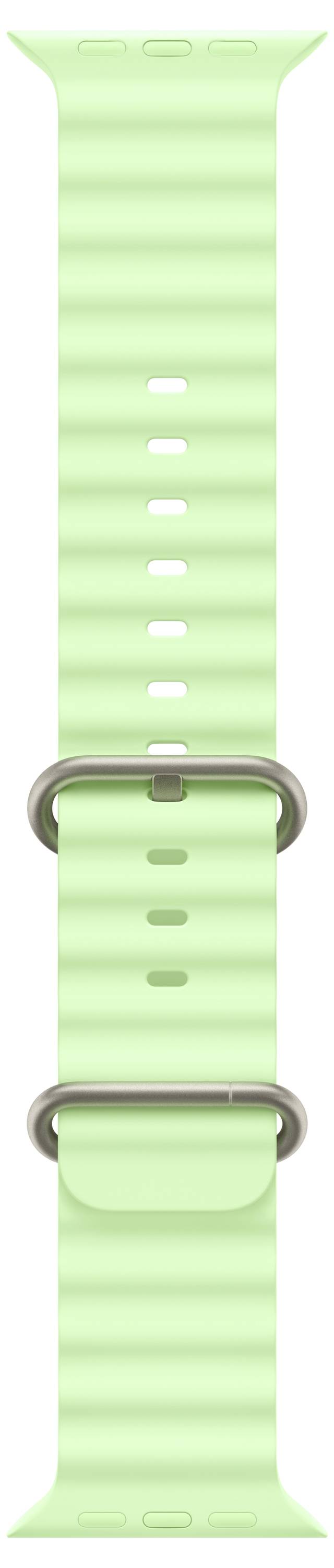 Ein hellgrünes Uhrenarmband mit einer strukturierten Oberfläche und zwei Metallschlaufen zur Längenverstellung.
