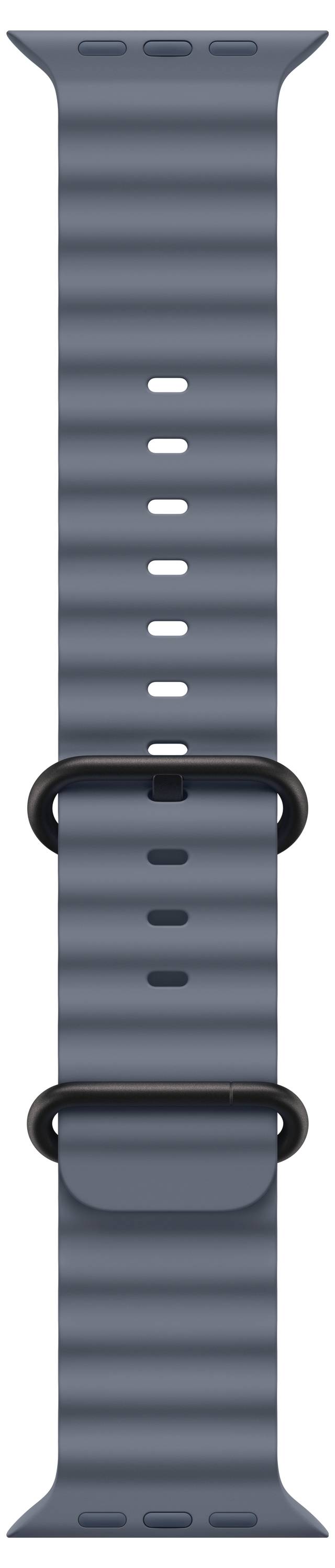 Ein blaues Smartwatch-Armband mit glatter Textur und verstellbaren Löchern für verschiedene Handgelenkgrößen. Zwei schwarze Schlaufen sichern das Armband.
