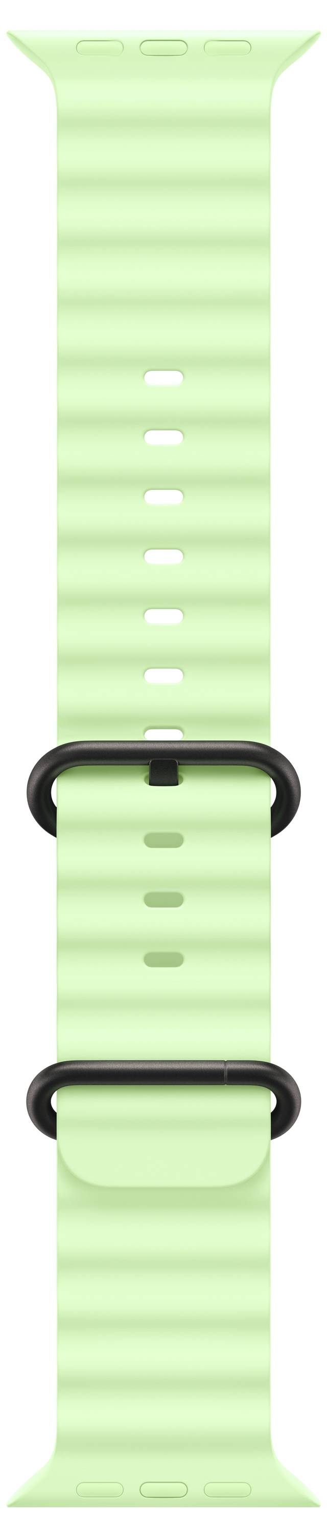 Ein minzgrünes Smartwatch-Armband mit gerippter Textur und mehreren Löchern für eine verstellbare Größe. Zwei schwarze Schlaufen halten das Armband an seinem Platz.