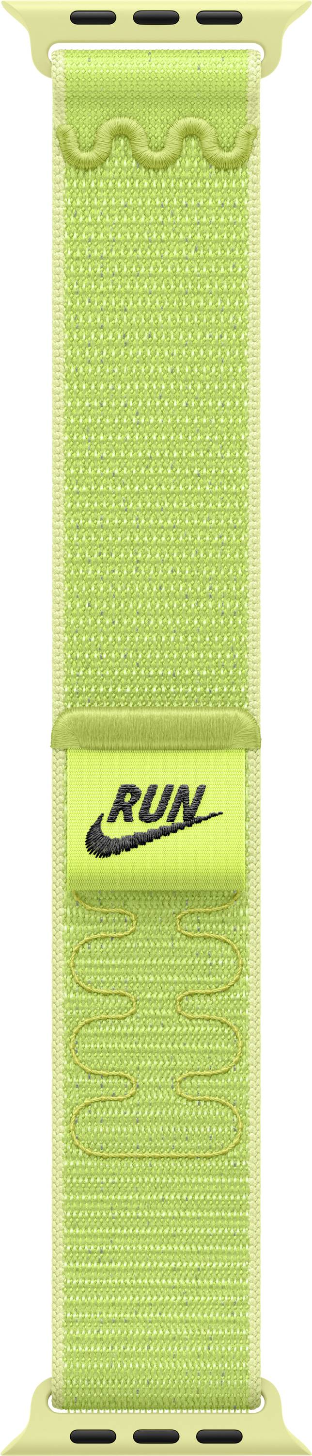 Eine limettenfarbene Apple Watch Sportschleife mit dem Wort ‚RUN' und einem Nike-Logo in Schwarz, entwickelt für Fitness und aktive Nutzung.
