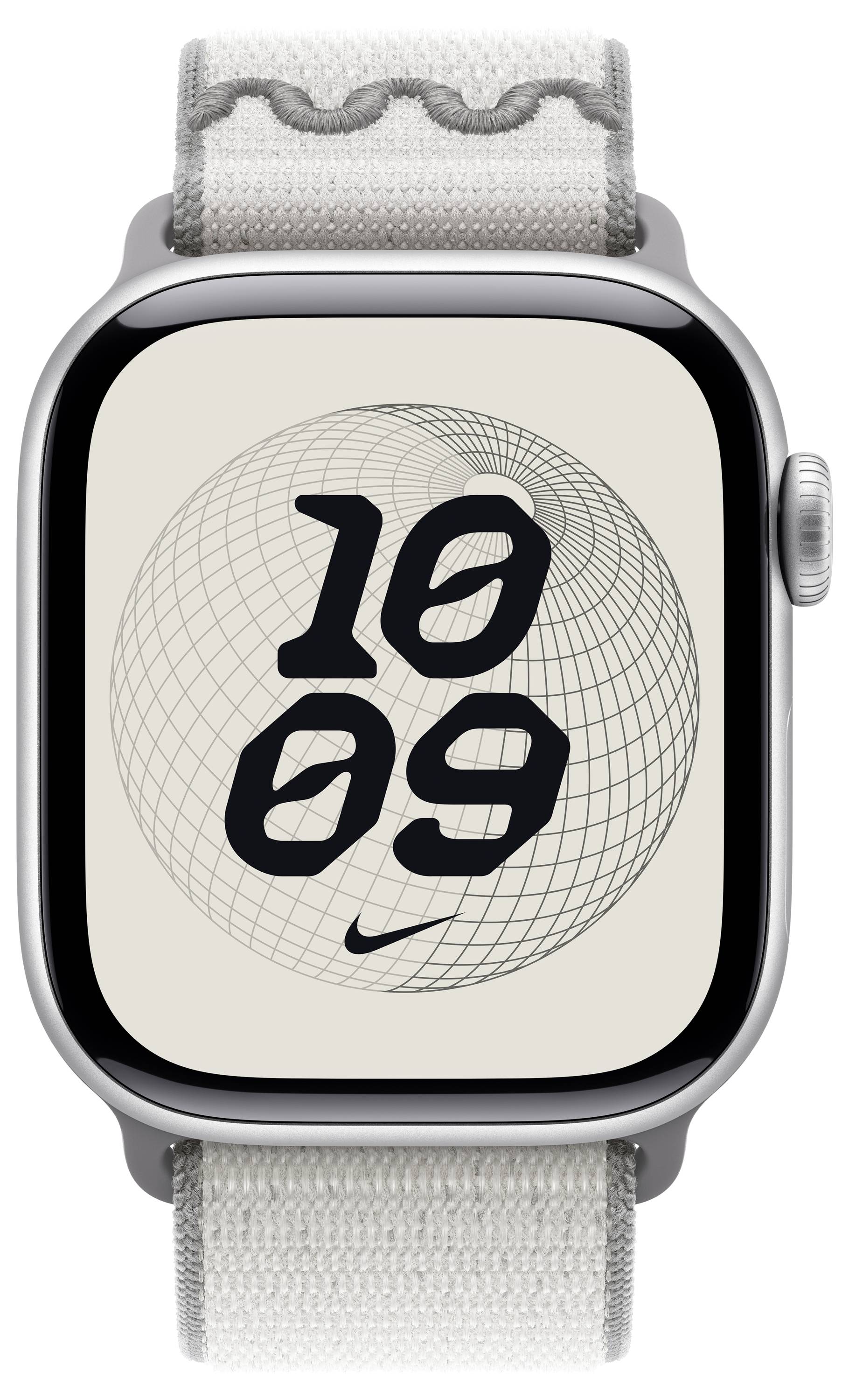 Eine Smartwatch, die die Zeit als '10:09' anzeigt, mit einem geometrischen Spiraldesign im Hintergrund. Die Uhr hat ein weißes Band und einen silbernen Rahmen.