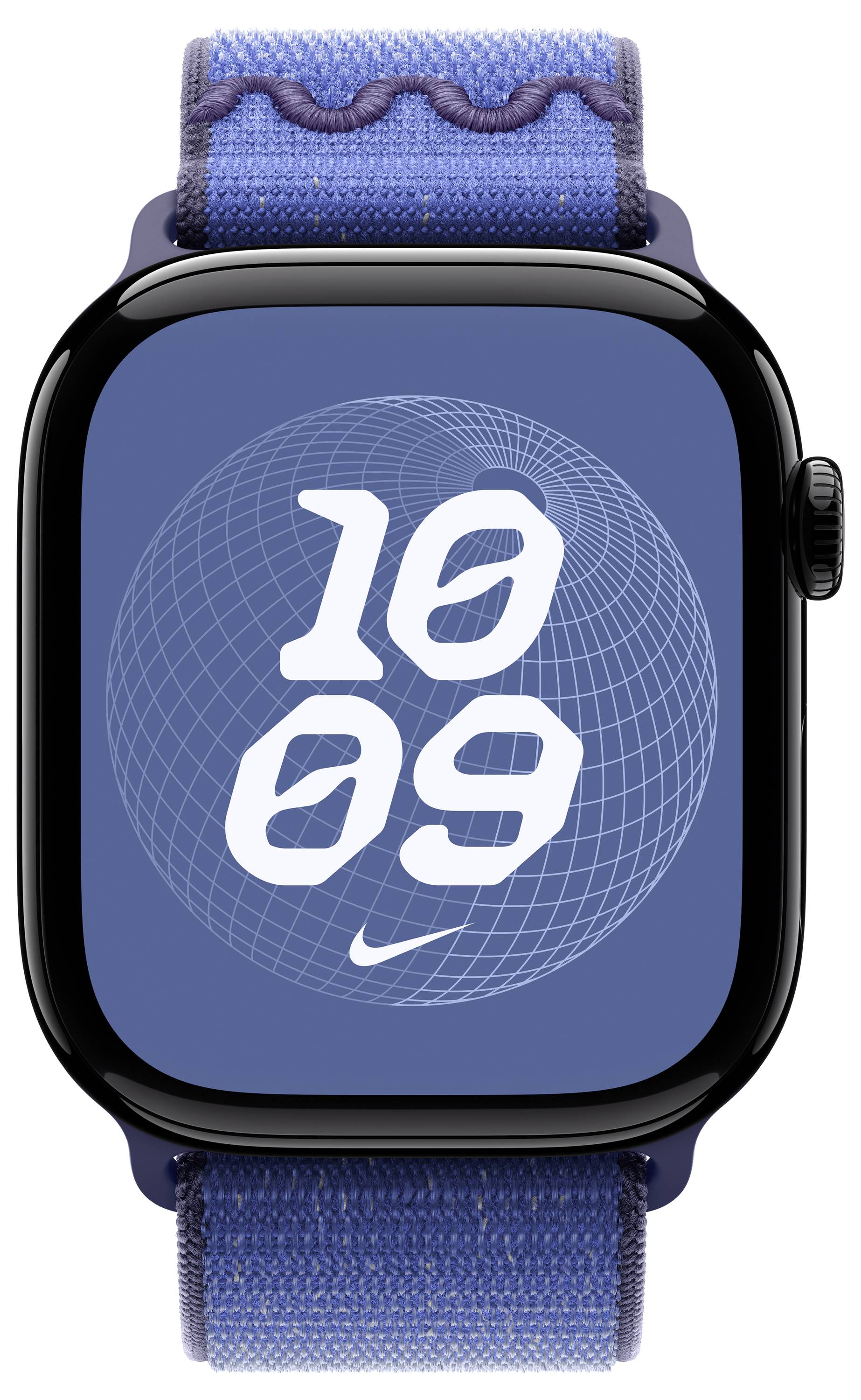 Smartwatch mit einer digitalen Anzeige, die '10:09' auf einem blauen Bildschirm mit geometrischem Muster zeigt. Blaues Stoffarmband mit Wellendesign.