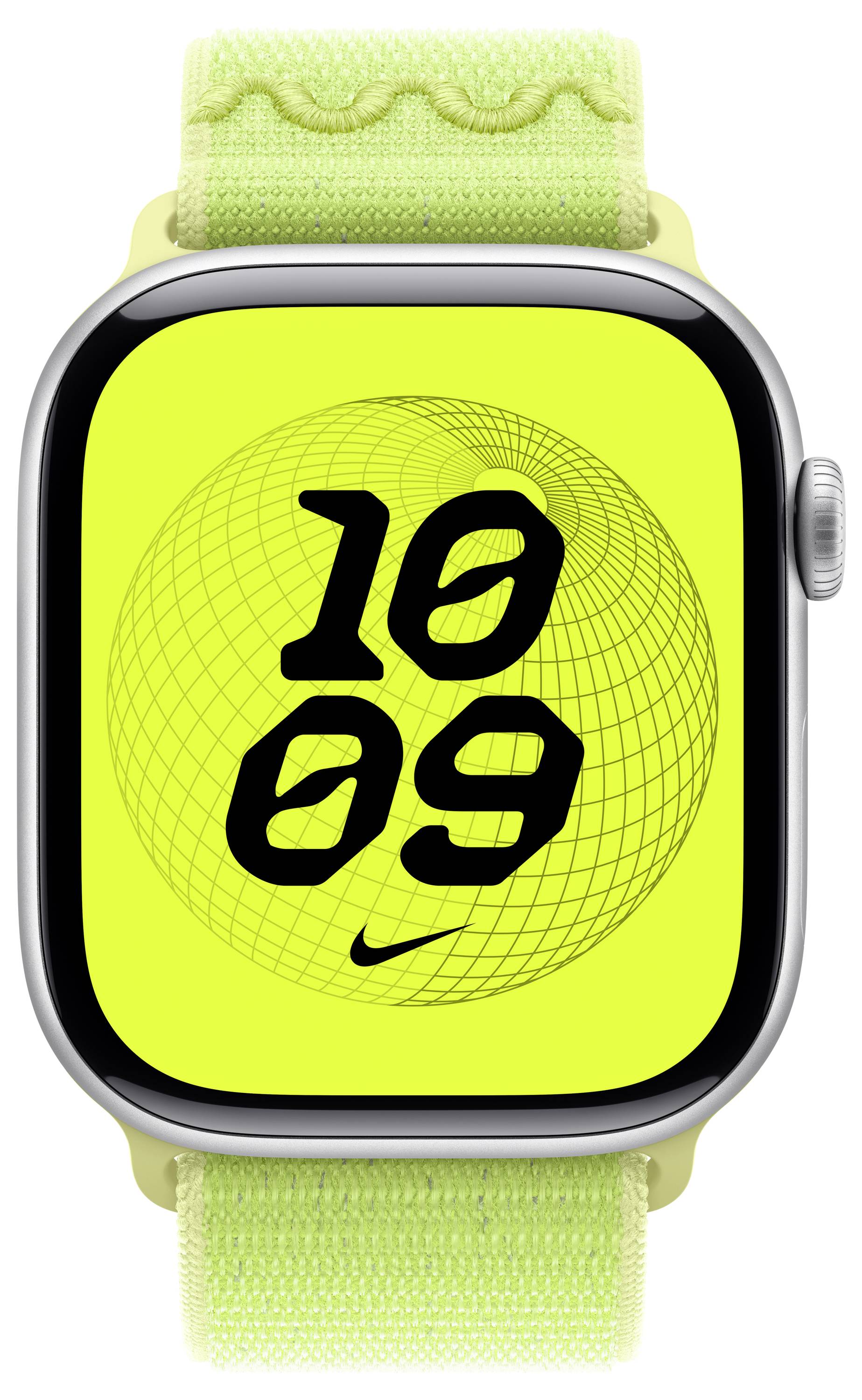 Eine Smartwatch mit einem limettengrünen Armband zeigt die Zeit '10:09' auf einem hellgelben Bildschirm mit einem geometrischen kreisförmigen Design im Hintergrund.