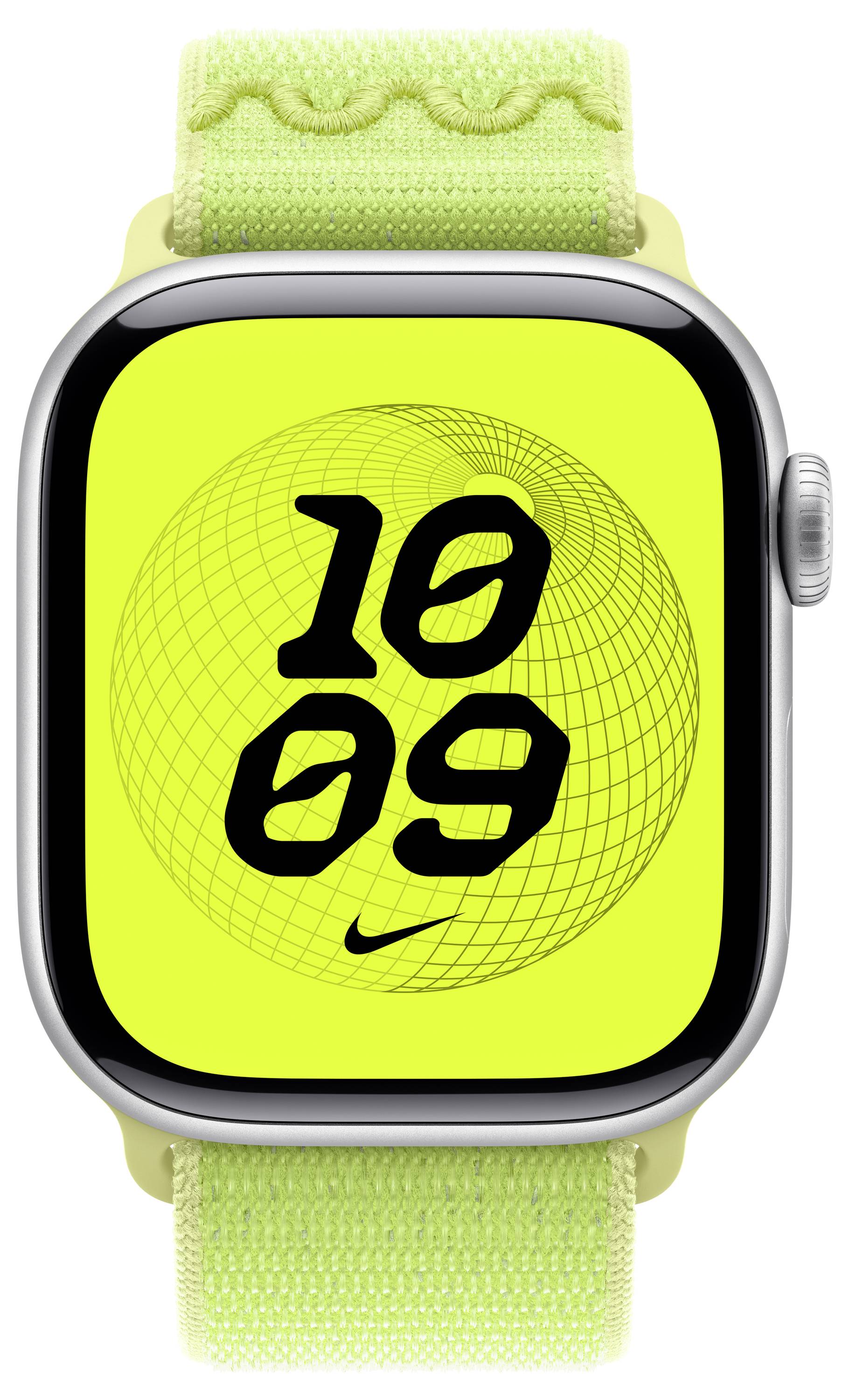 Smartwatch mit einem hellen gelben kreisförmigen Netzdesign, das die Uhrzeit '10:09' anzeigt; mit Nike-Logo und einem hellgrünen Armband.