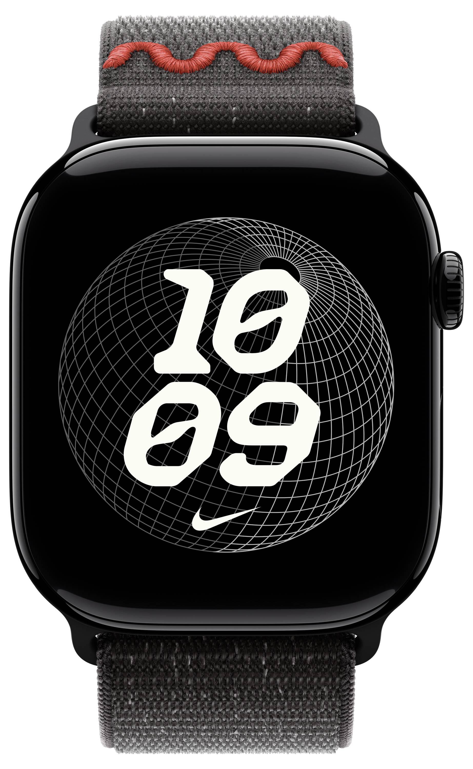 Eine Smartwatch mit einem schwarzen Bildschirm zeigt die Uhrzeit '10:09' in großen weißen Zahlen über einem geometrischen Hintergrundmuster. Die Uhr hat ein schwarzes Gehäuse und ein graues Armband mit rotem Akzent.
