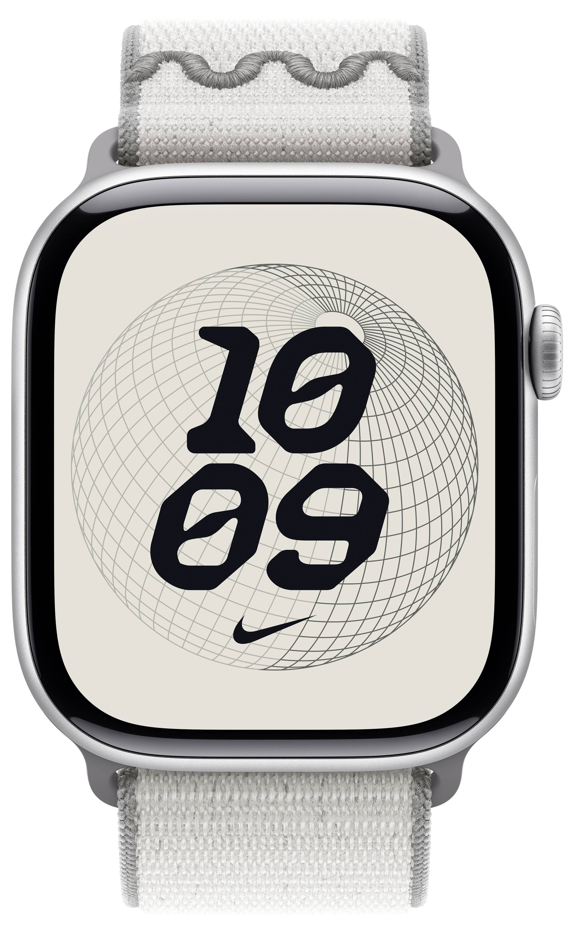 Eine Smartwatch mit einem gewebten Band, die die Uhrzeit '10:09' auf einem geometrischen, abstrakten Hintergrund mit einem Nike-Logo anzeigt.