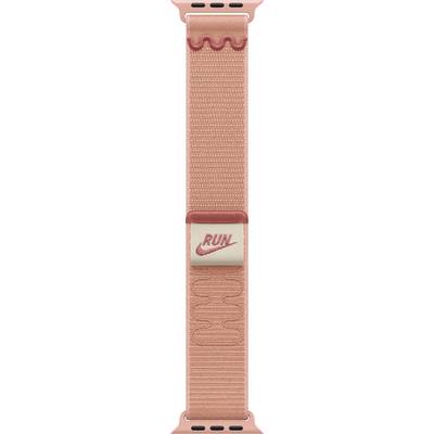 Eine orangefarbene Nike Sportuhrband mit dem Wort 'RUN', das oberhalb des Nike-Logos gedruckt ist, mit strukturiertem Design und Klettverschluss.