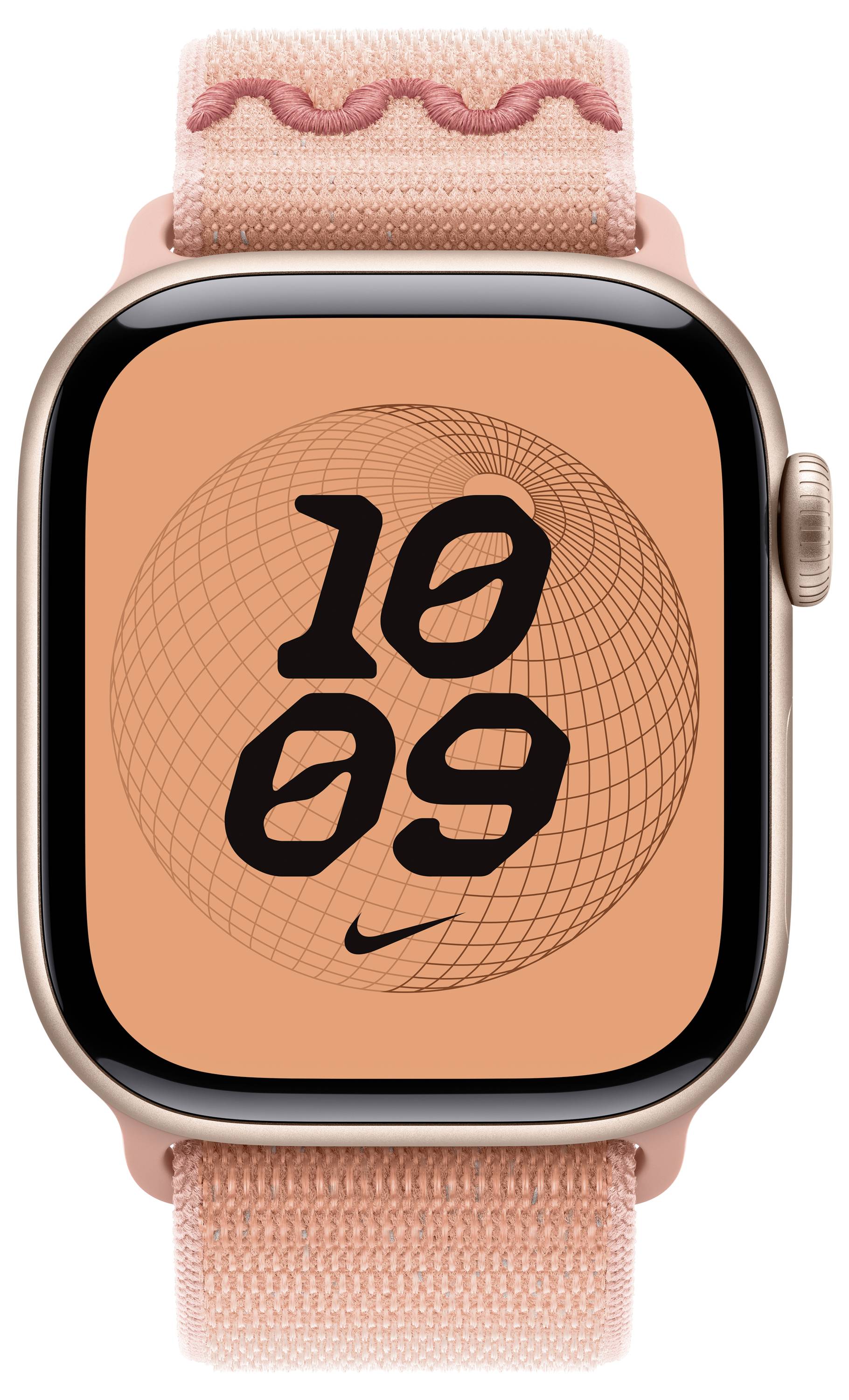 Eine Smartwatch mit einem rosa Armband zeigt '10:09' auf einem orangefarbenen Bildschirm mit einem Nike-Logo und einem Gitternetzmusters im Hintergrund.