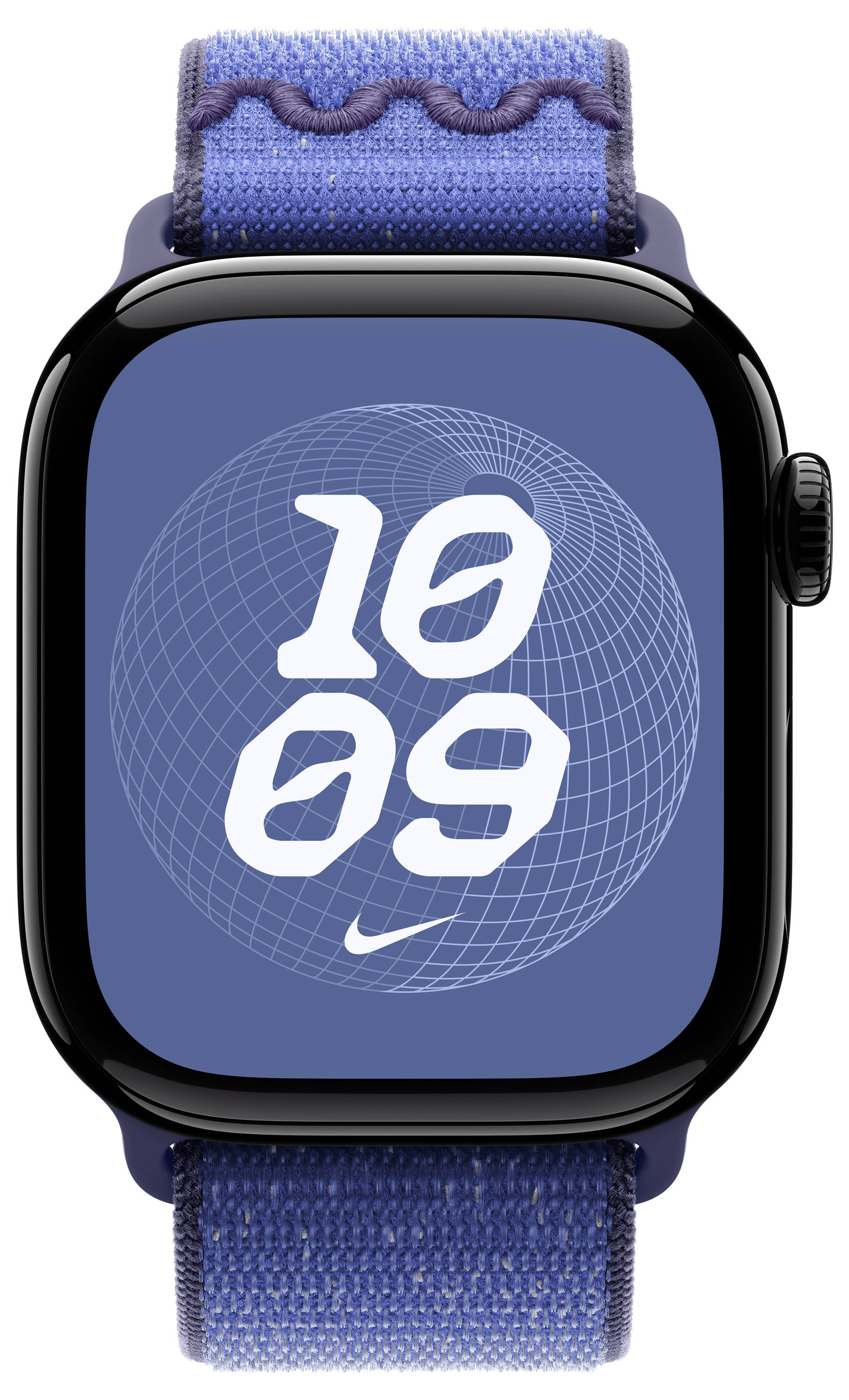 Eine Smartwatch mit einem blauen Stoffarmband zeigt die Zeit '10:09' auf einem blauen Bildschirm mit einem geometrischen Globus-Design im Hintergrund.