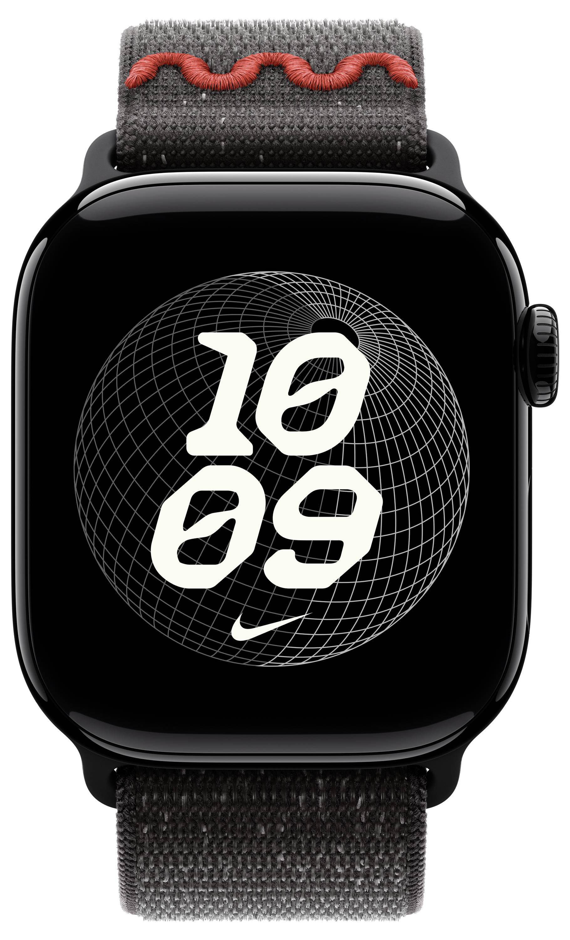 Eine Smartwatch mit einem schwarzen Zifferblatt zeigt die Zeit '10:09'. Die Uhr hat ein dunkles Armband mit einem roten Wellendesign darauf.
