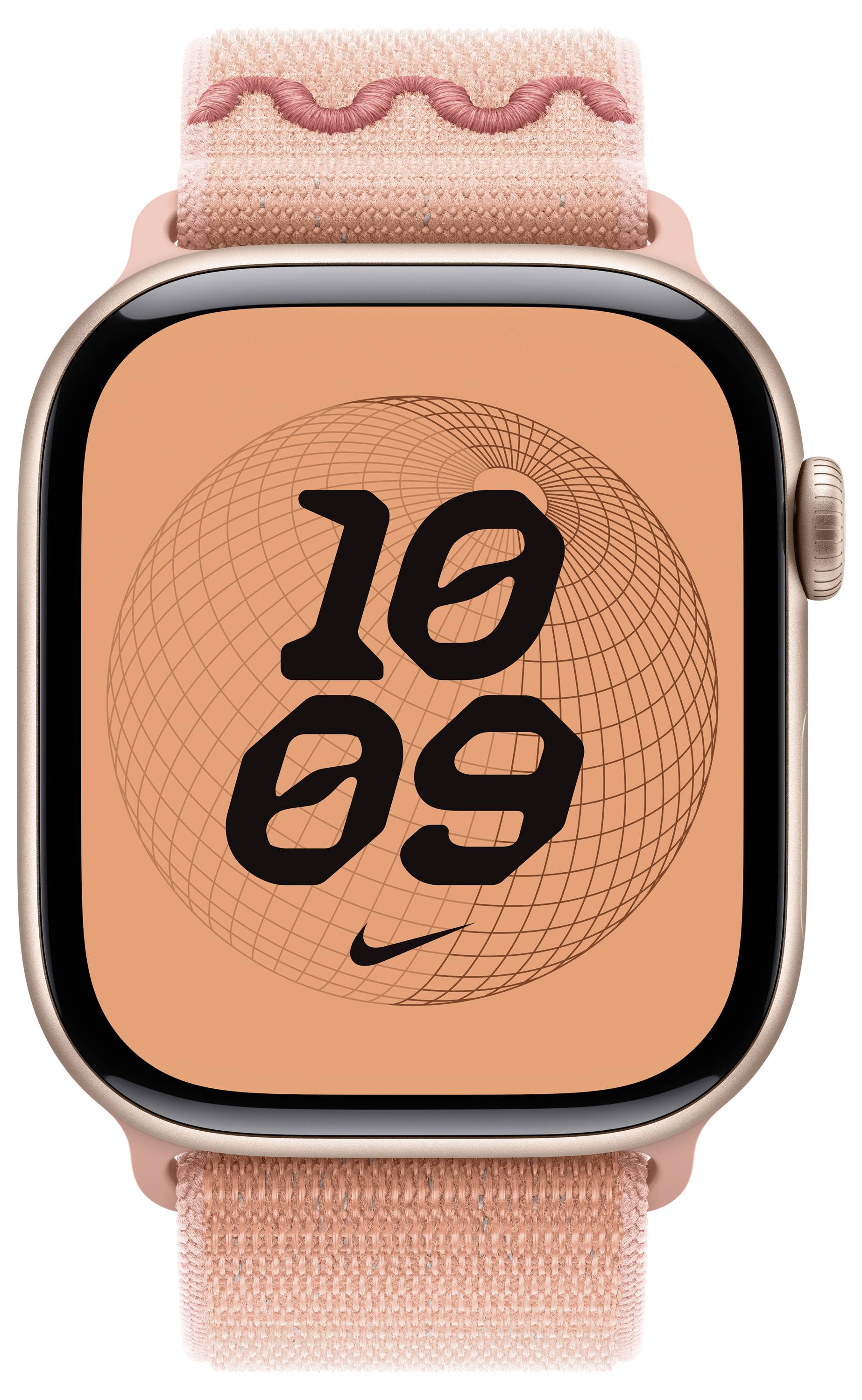 Eine Smartwatch mit einem rosa Band zeigt '10:09' auf einem orangefarbenen Display mit geometrischem Design.